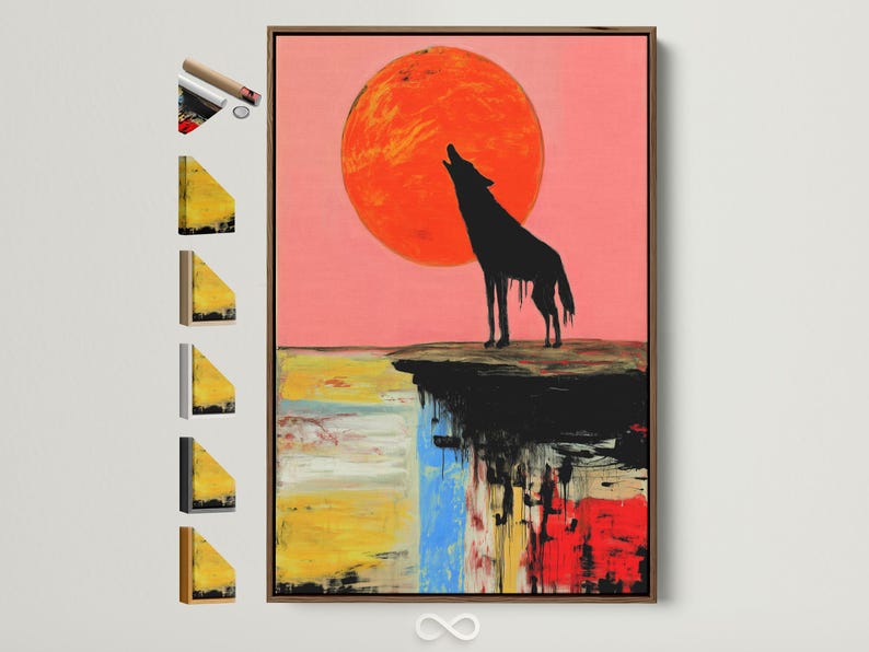 Black howling wolf silhouette under an orange-red full moon with abstract multicolour reflection