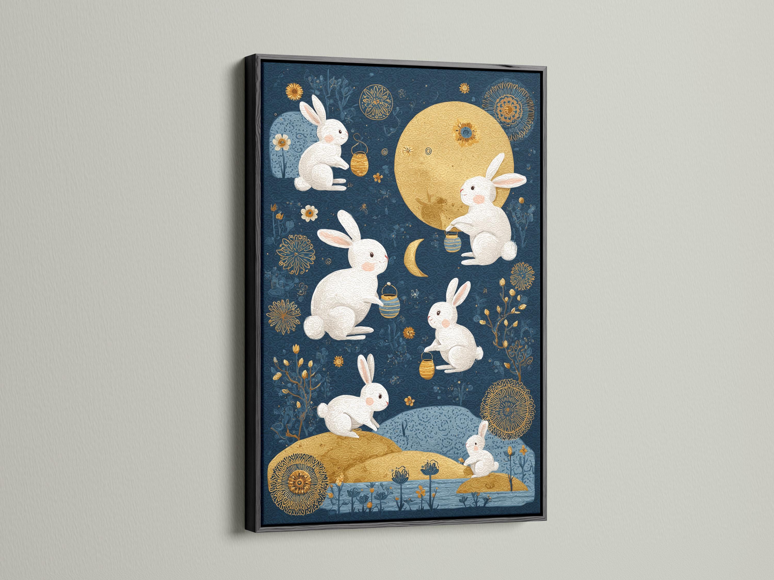 Celestial illustration of white rabbits around a gold moon on a midnight blue background detail view