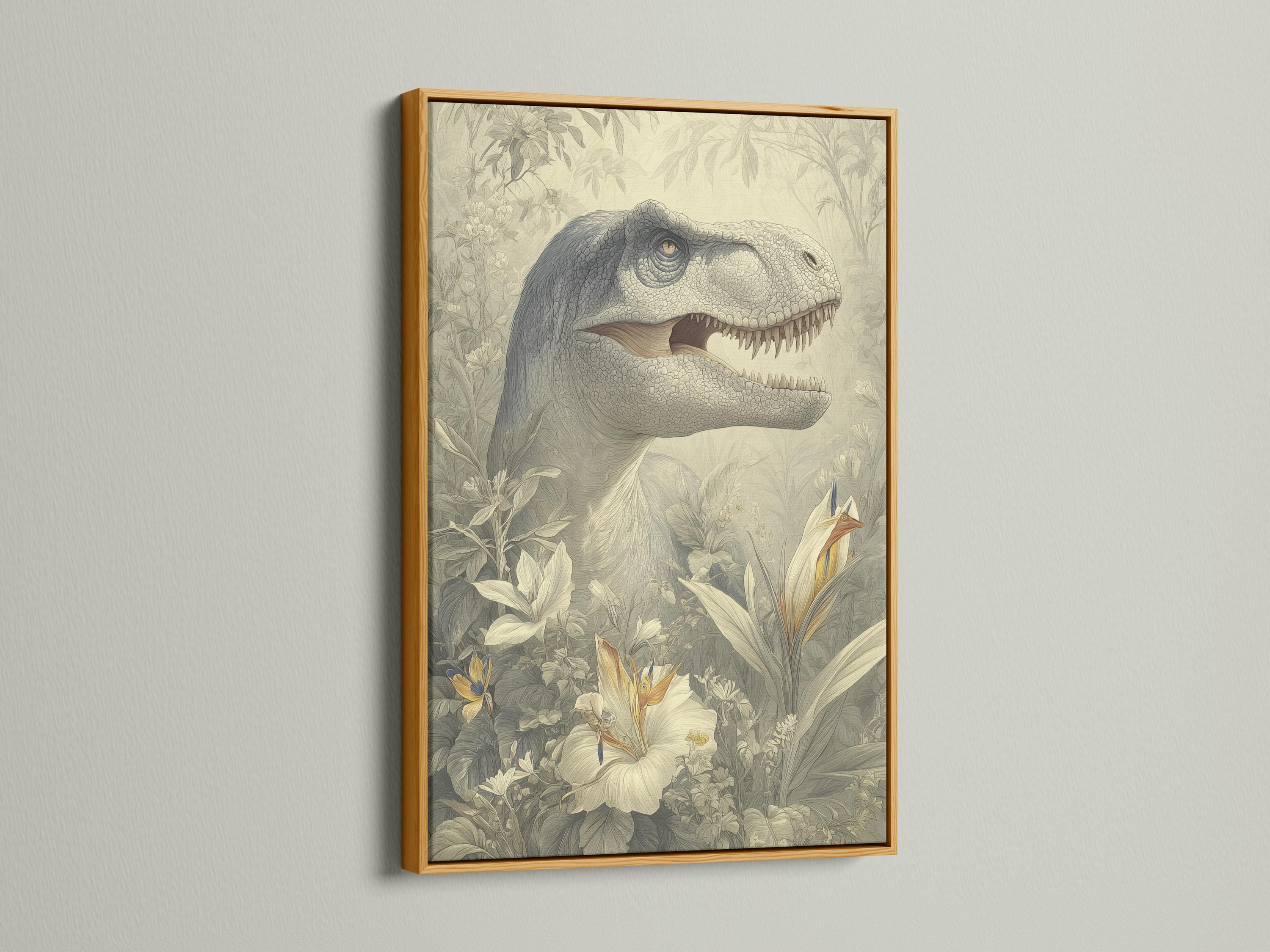 Woman standing in a room next to a framed dinosaur and botanical illustration on the wall