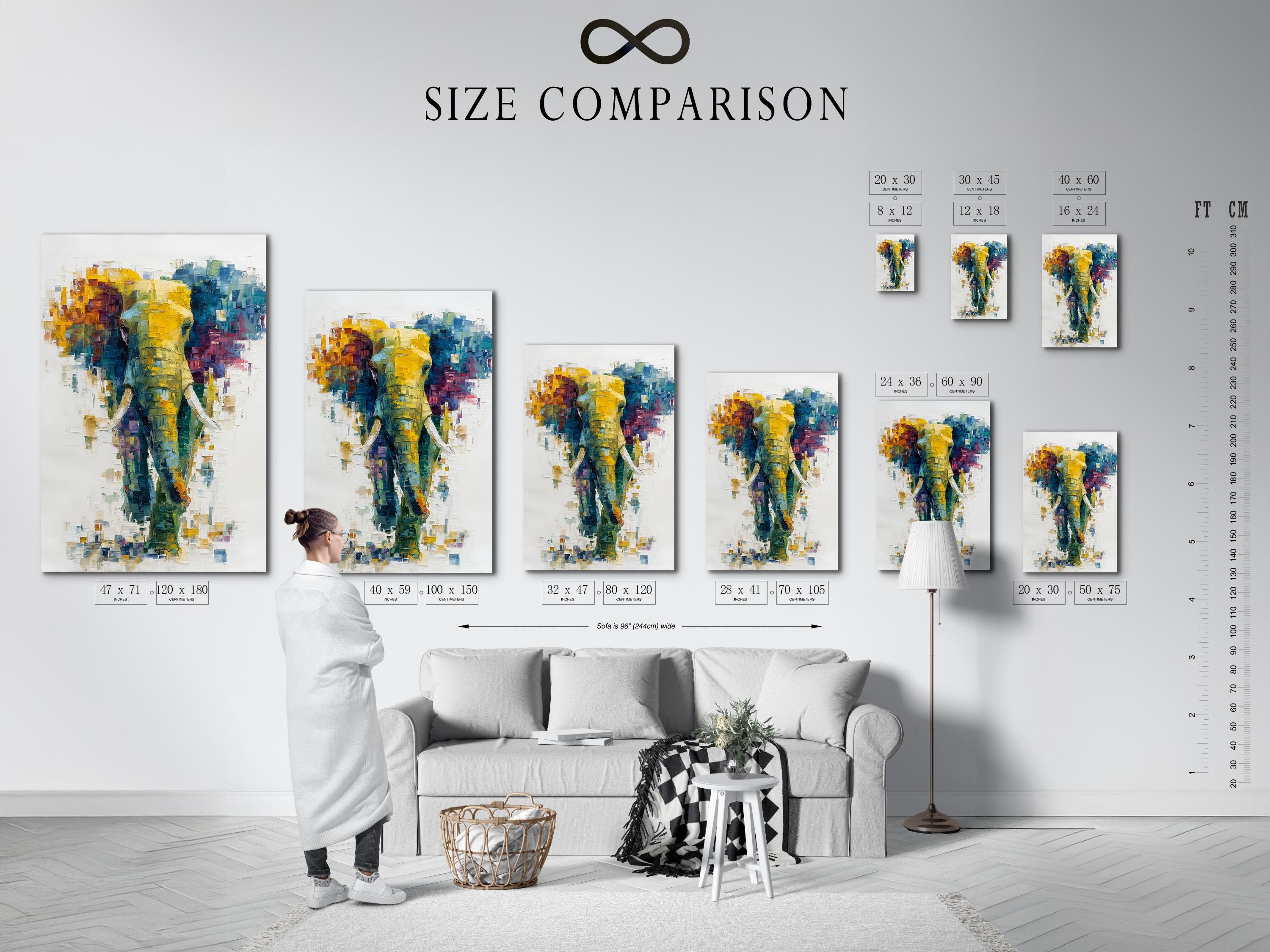Abstract elephant artwork with layered teal, yellow and magenta colour blocks on an off-white background detail view