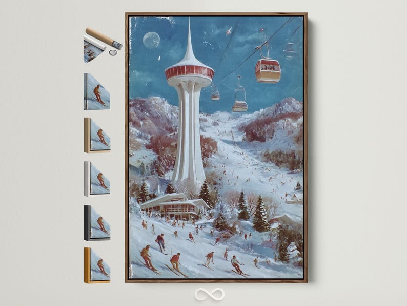 Winter ski resort scene with a tall tower, cable cars and skiers on snowy slopes