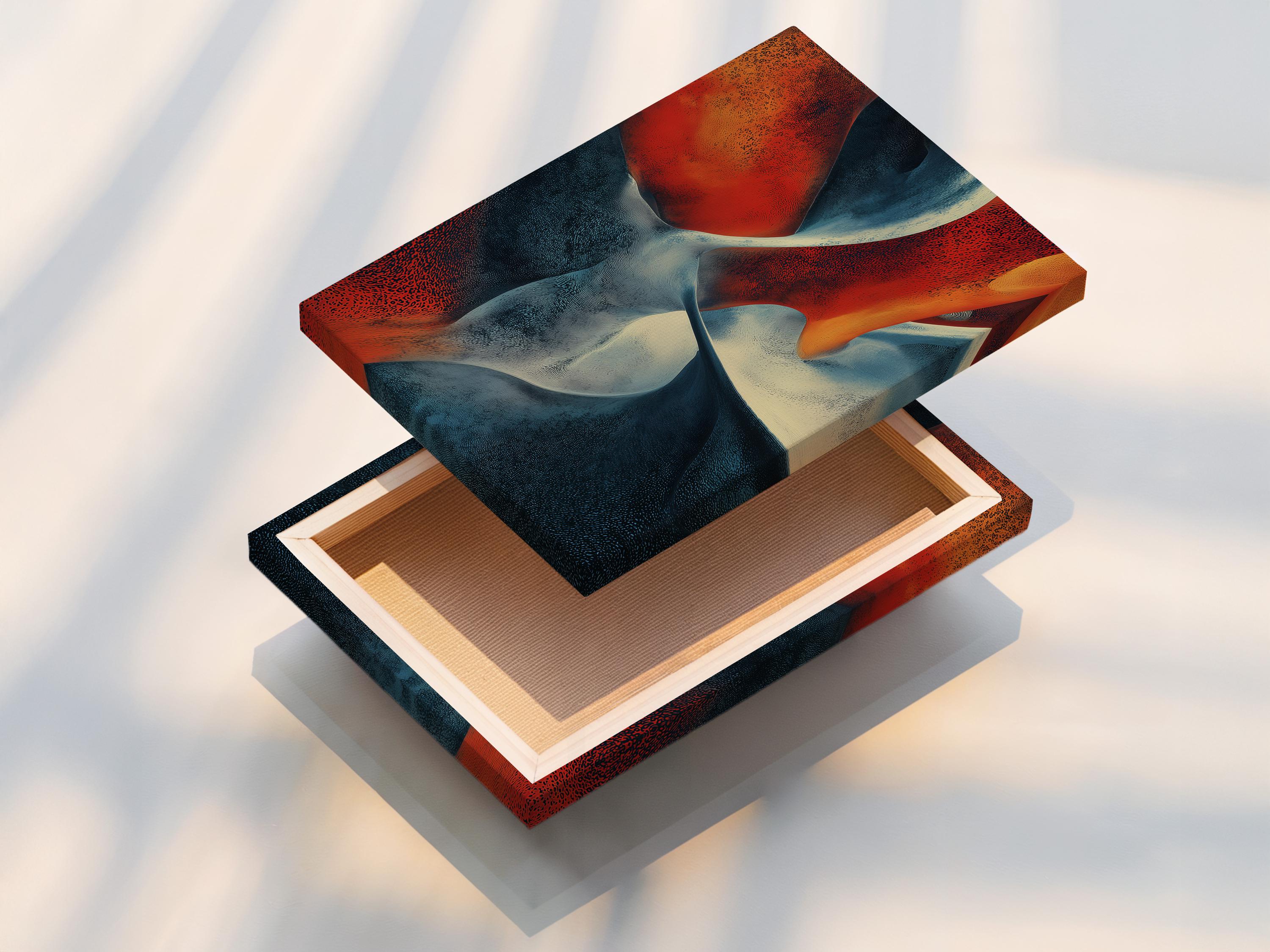 Abstract fluid artwork with terracotta and navy blue curved ribbons and pale cream highlights detail view