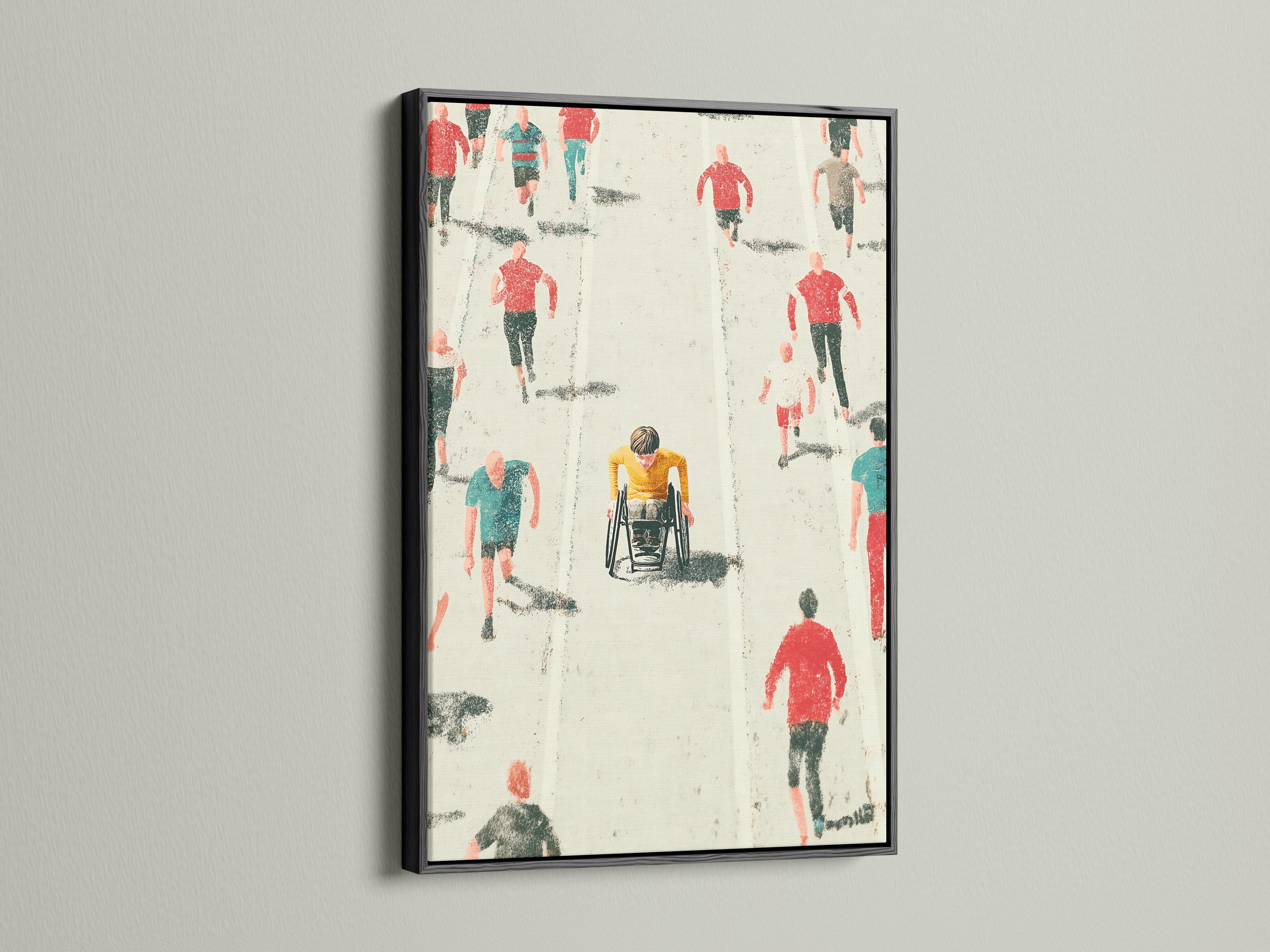 Wheelchair racer and runners in red and teal on a speckled off-white background detail view