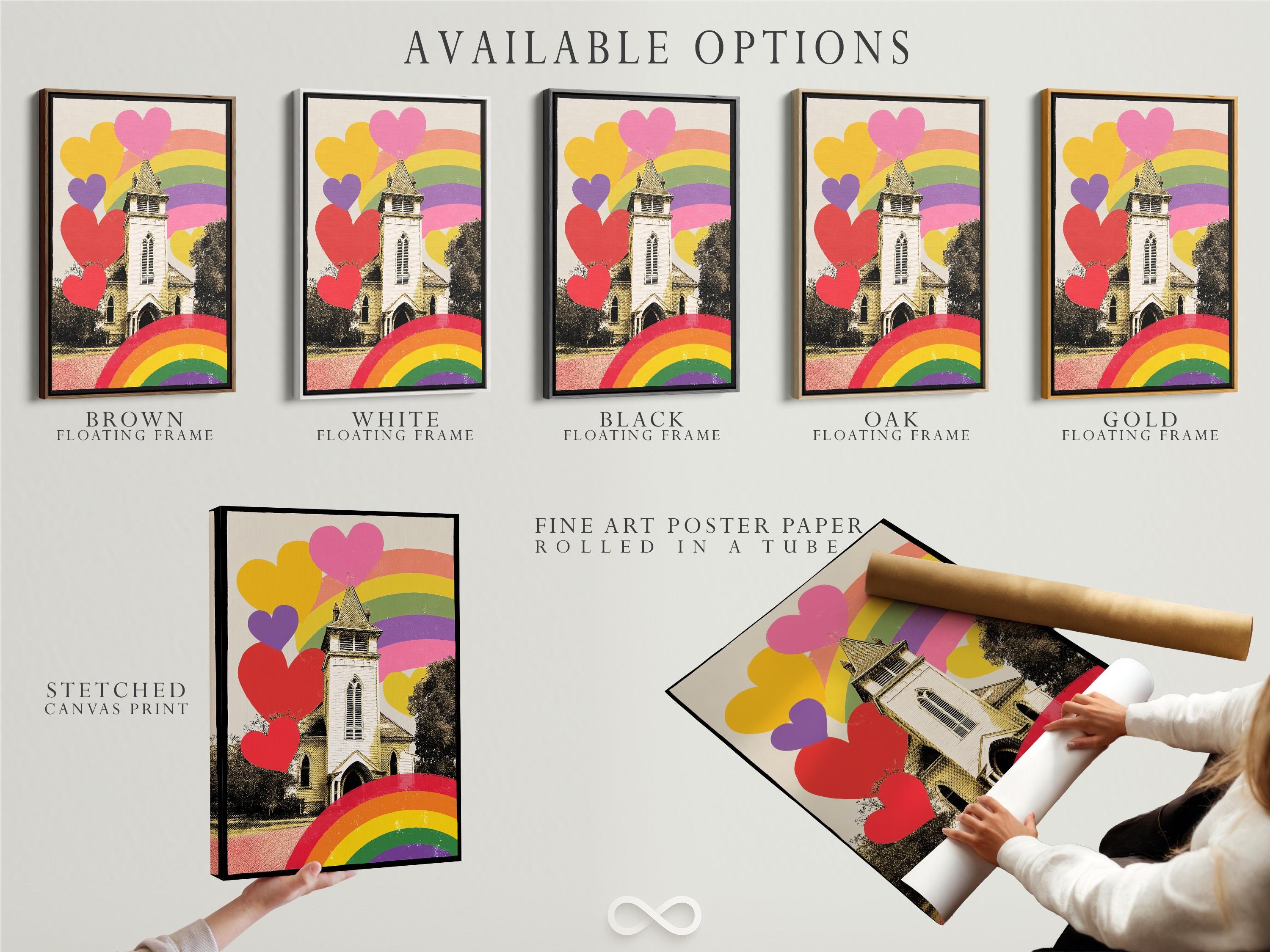 A person holding a mug sitting in a bedroom with a framed rainbow hearts church artwork on the wall