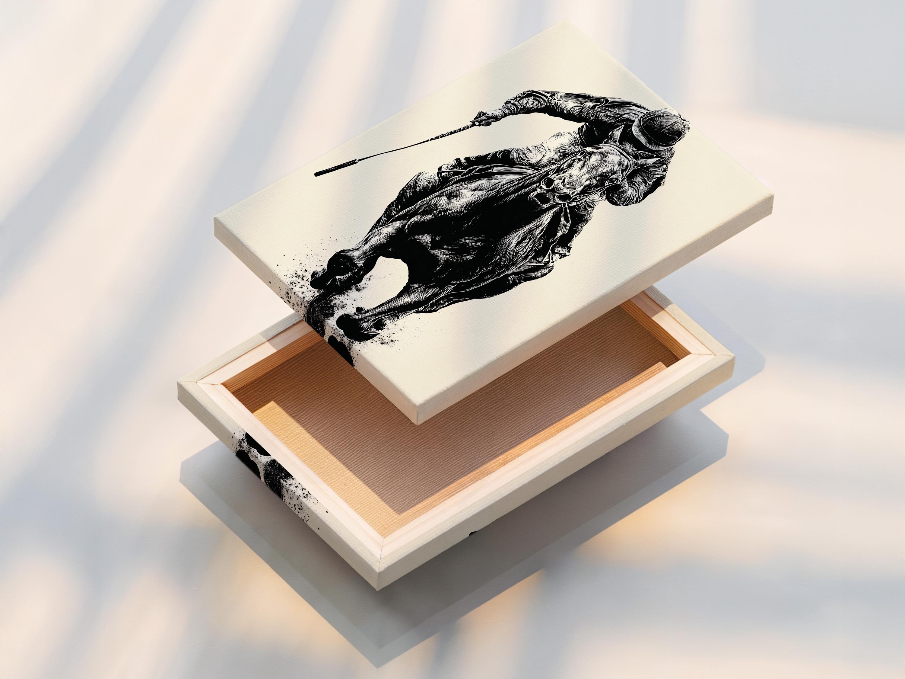 Mockup showing a framed black and white equestrian polo rider illustration