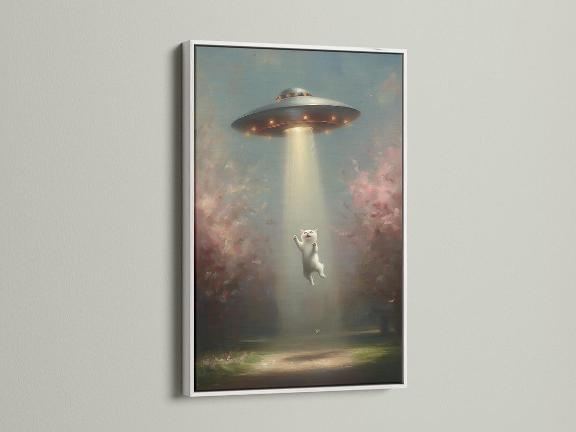 Surreal night scene of a floating white cat under a glowing UFO beam, with misty clouds and bird silhouettes detail view