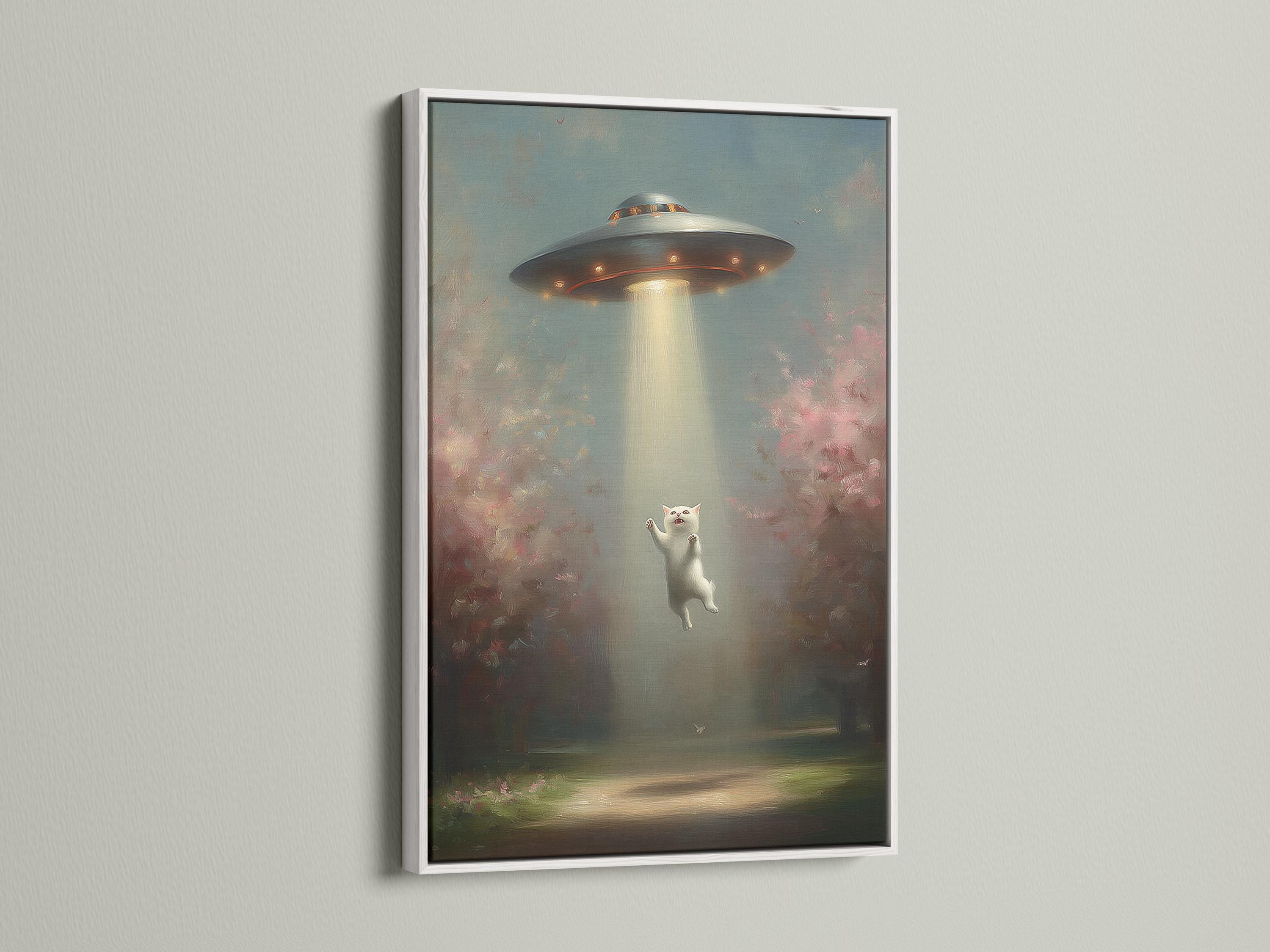 Surreal night scene of a floating white cat under a glowing UFO beam, with misty clouds and bird silhouettes detail view