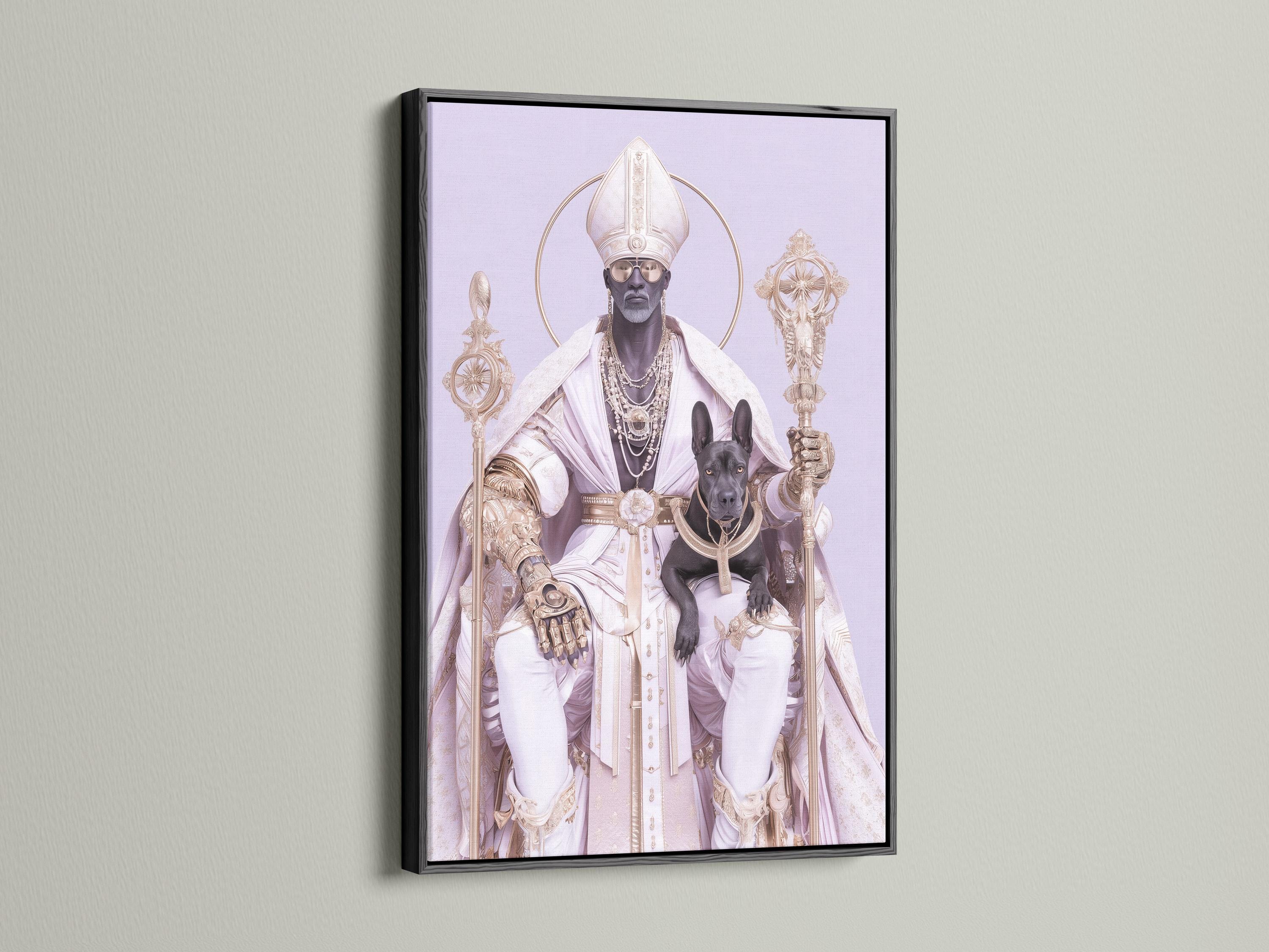 Regal robed figure with halo ring and black dog on a lavender background with gold ornaments detail view
