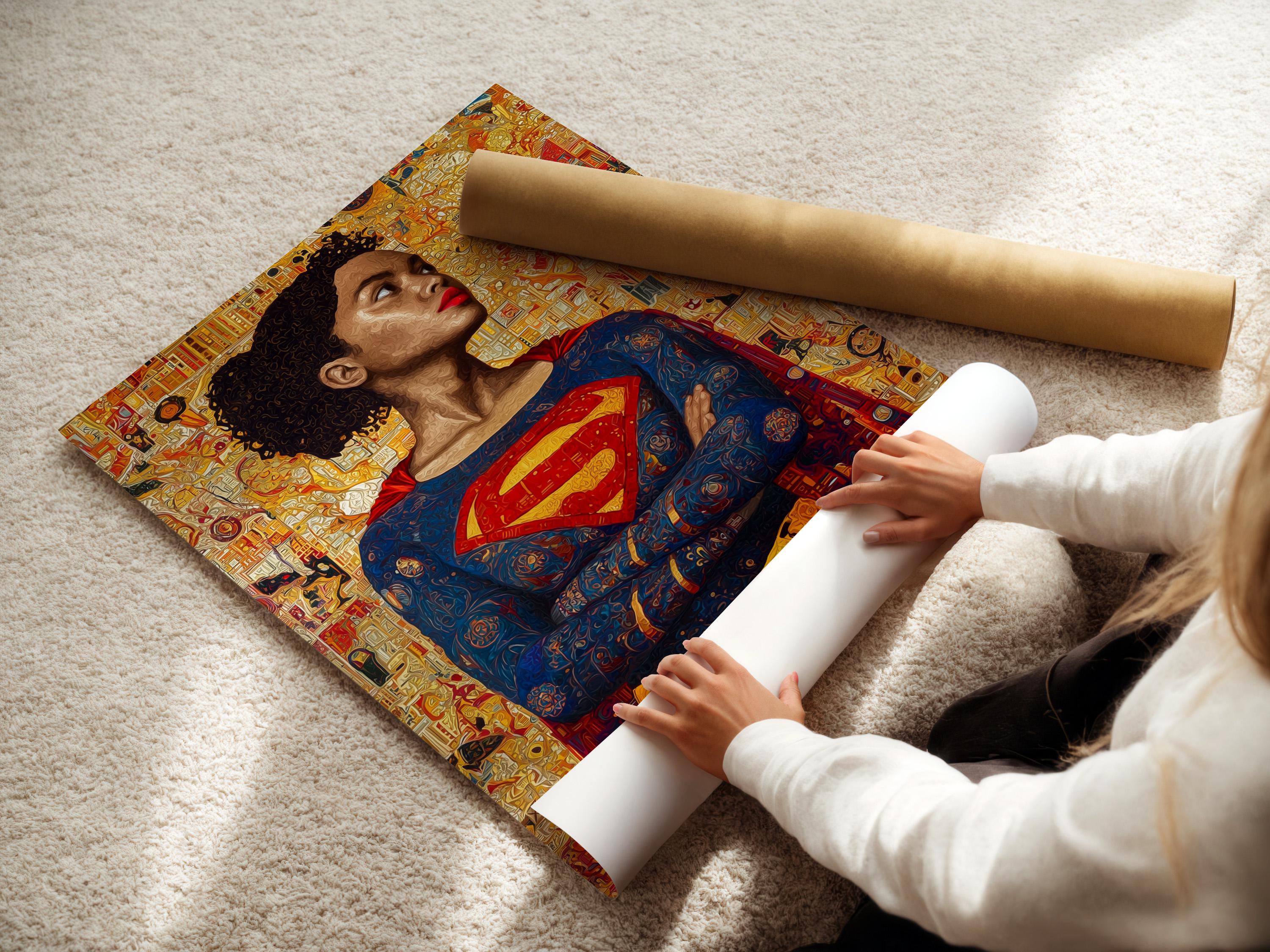 Room mockup showing a framed artwork of a superhero woman portrait on a wall