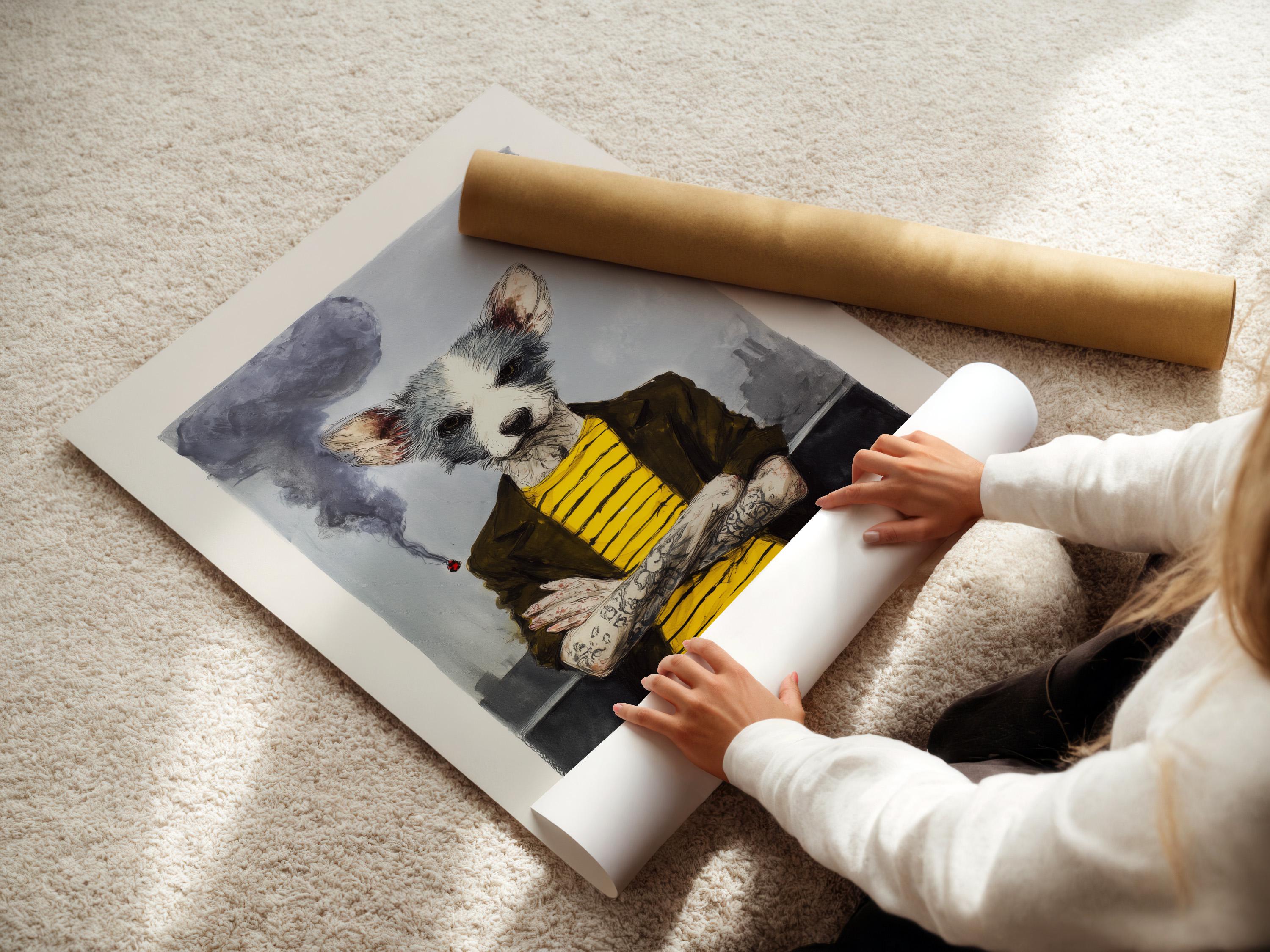 Stylised dog portrait with grey smoke and a bright yellow striped top, seated and facing forward detail view