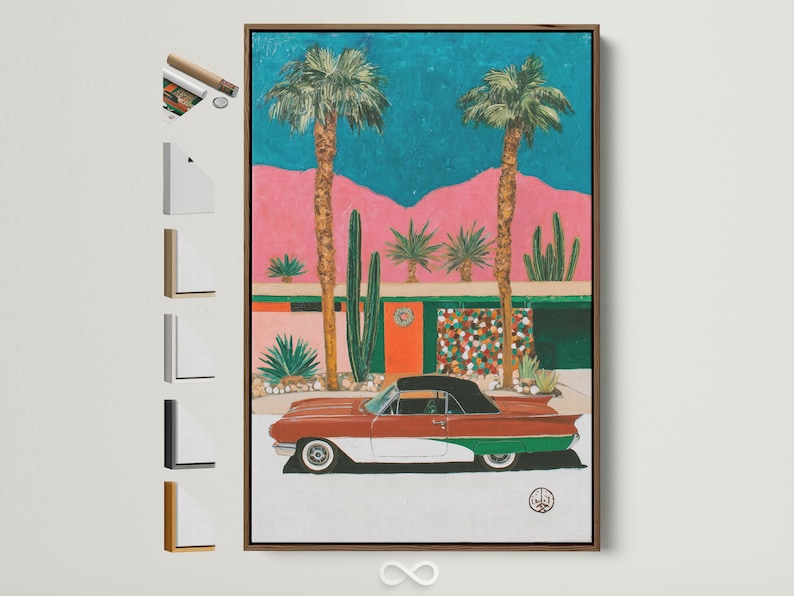 Retro car in a desert scene with palm trees, cacti, and teal and pink background