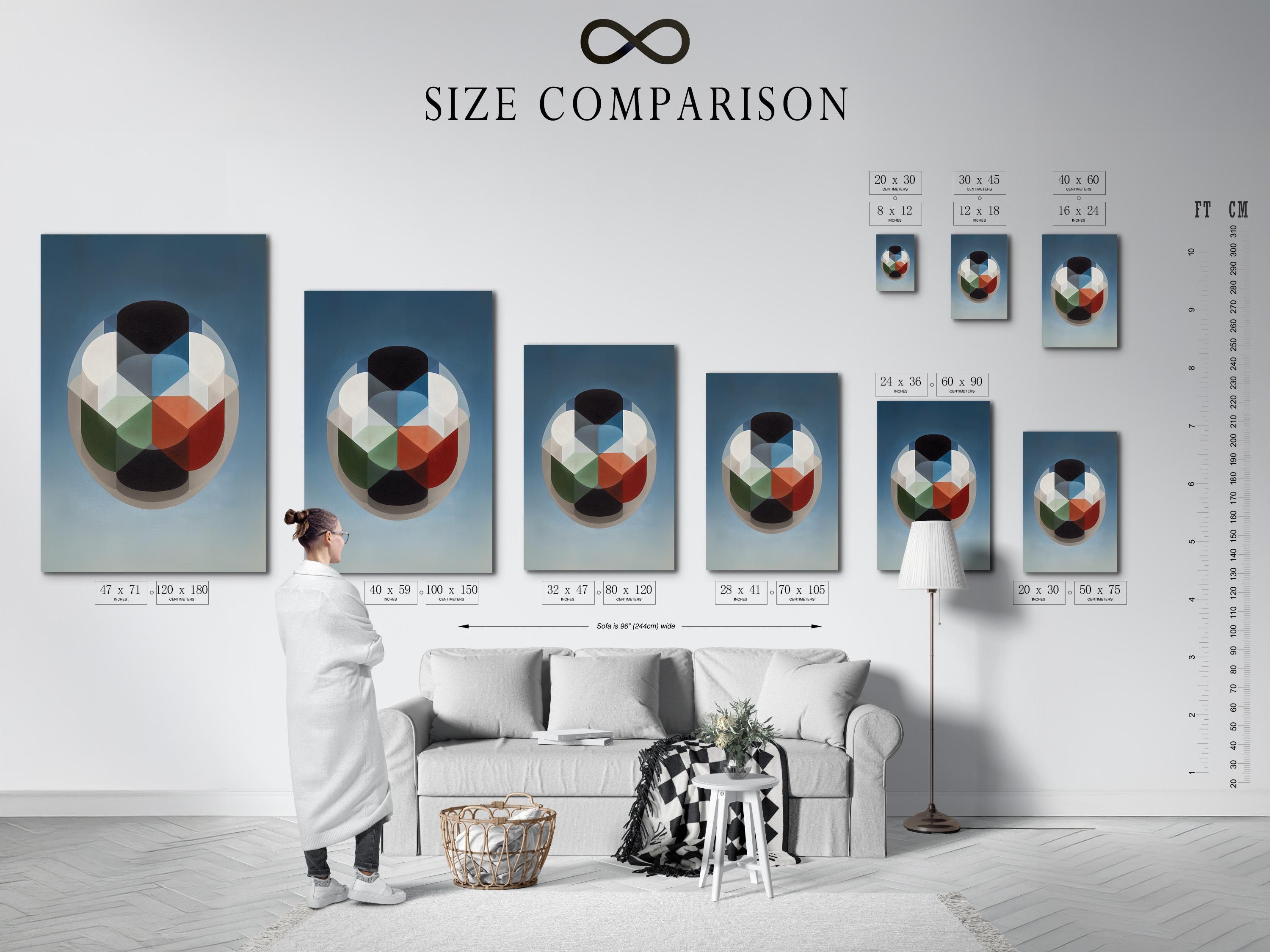 A blue geometric composition features a central rounded cluster of overlapping blocks and circles in cream, grey, dark charcoal, and warm red accents