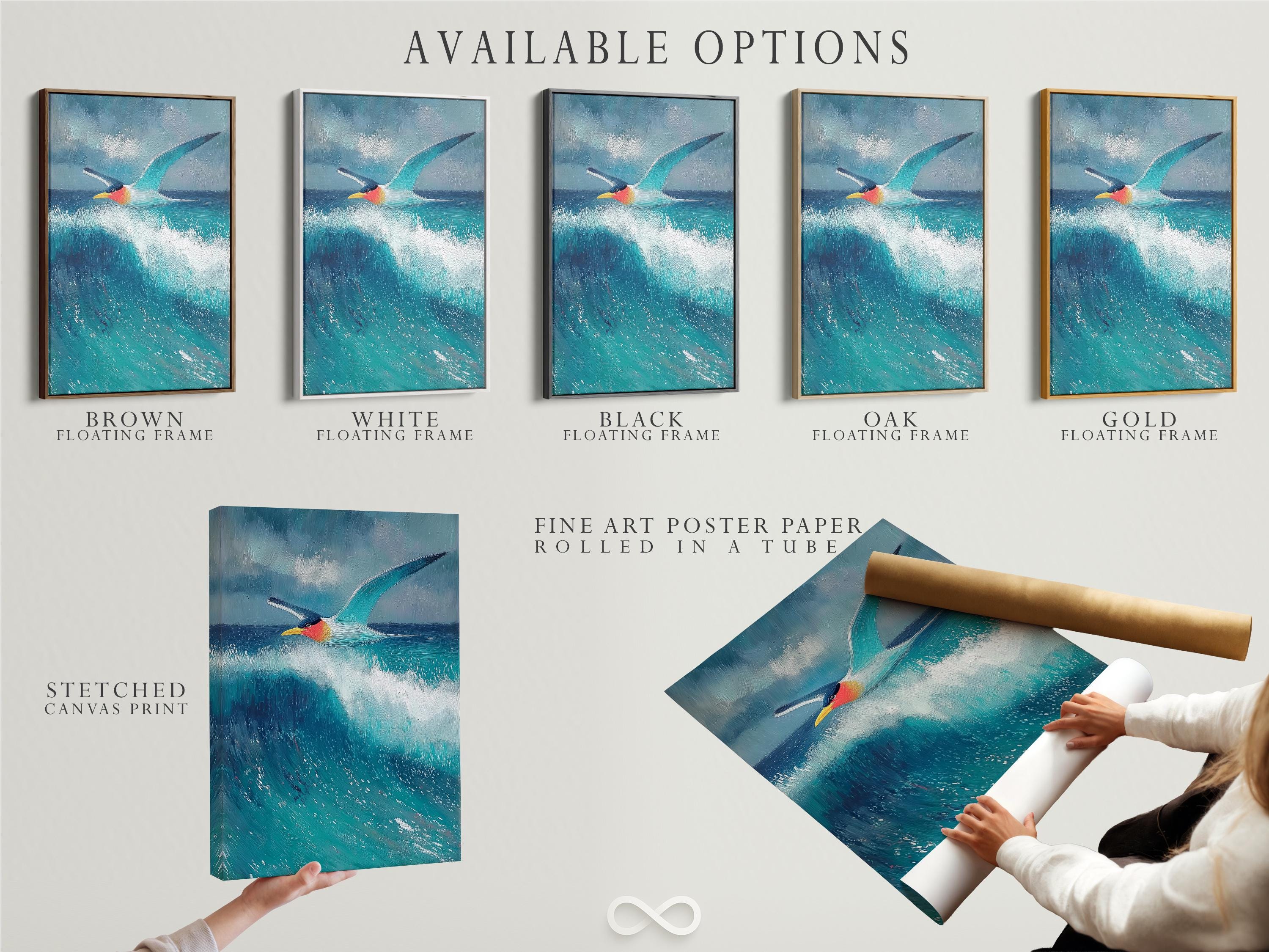 Seagull flying over blue and turquoise waves with foamy white highlights detail view