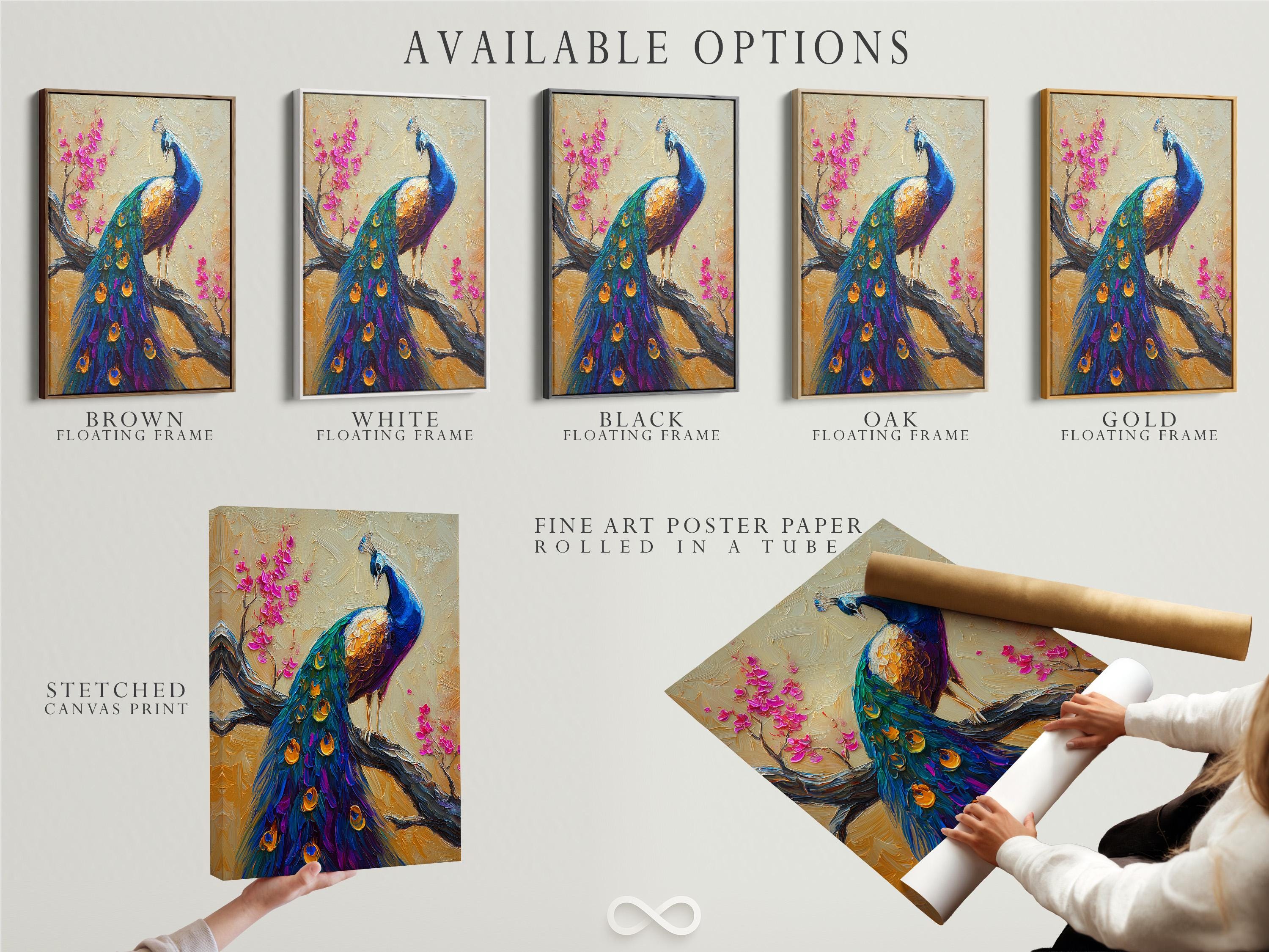 Vibrant peacock with jewel-toned blue feathers beside pink cherry blossom branches on a cream textured background detail view