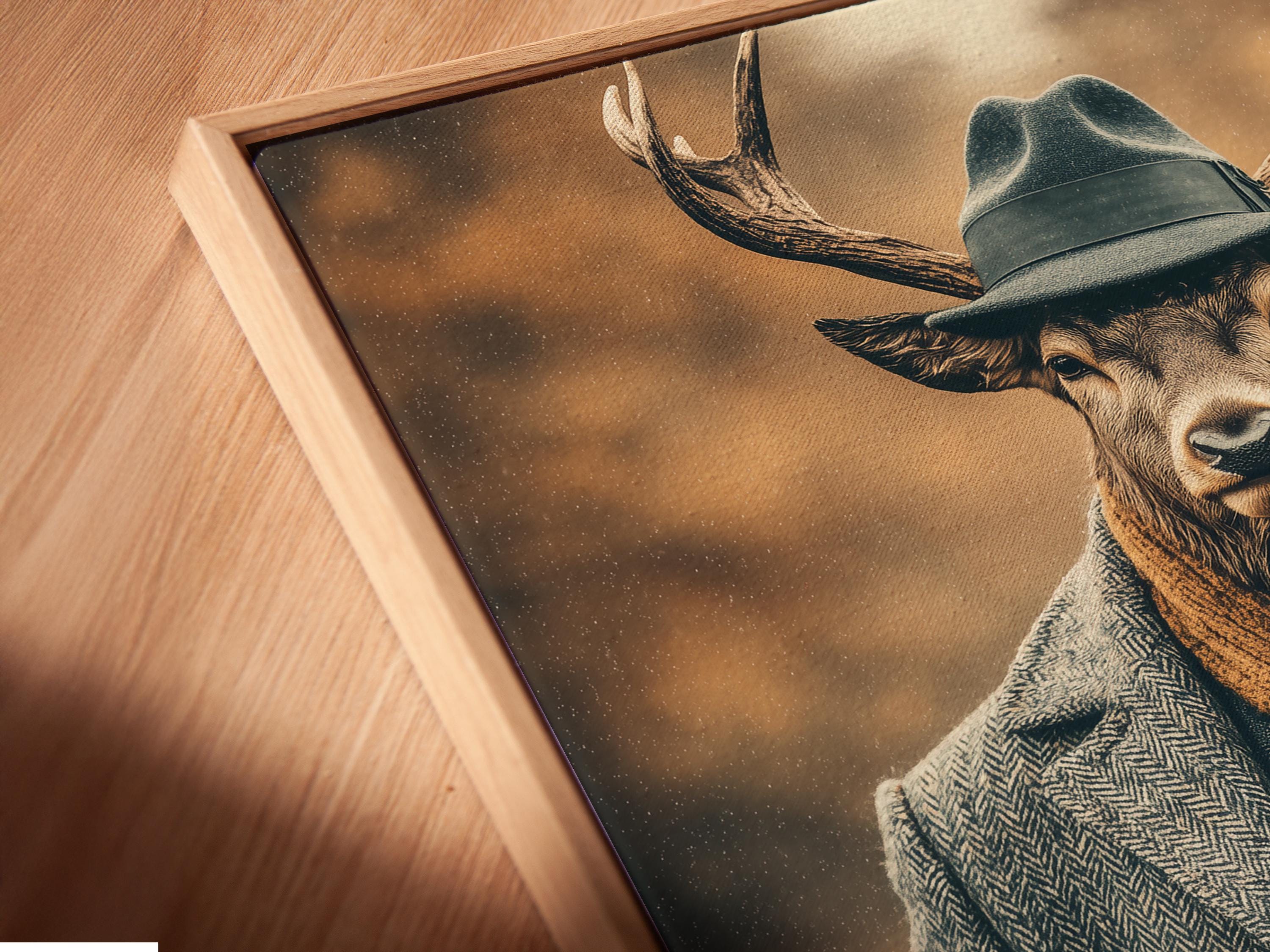 Gentleman deer portrait wearing a hat, suit jacket and scarf against a warm brown haze background detail view