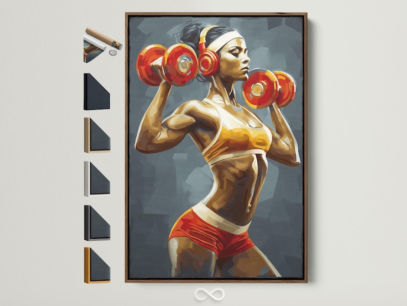 Stylised strong woman weightlifting artwork holding two red dumbbells against a blue background