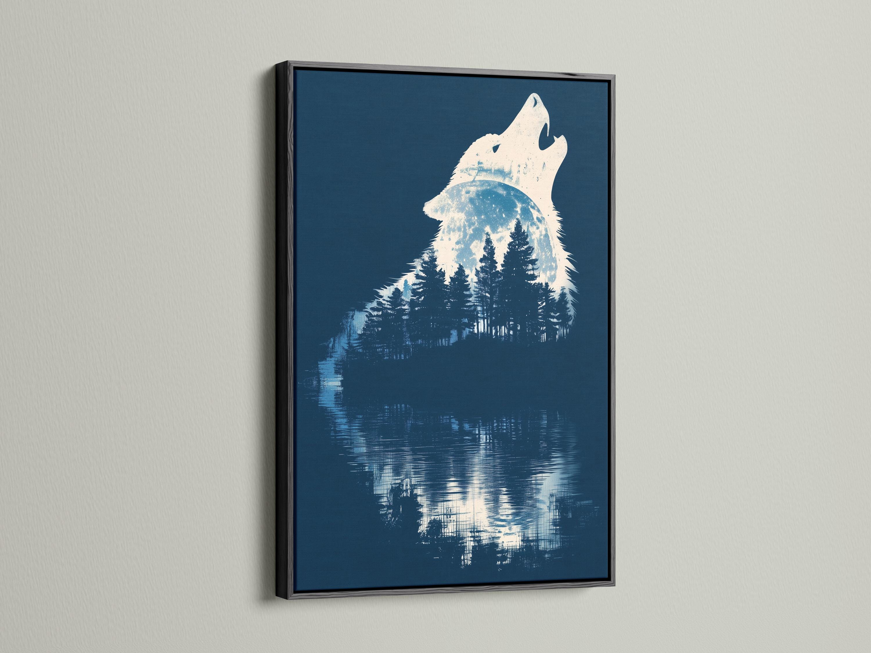 Wolf silhouette howling at a glowing moon above dark forest trees with a reflection on water detail view