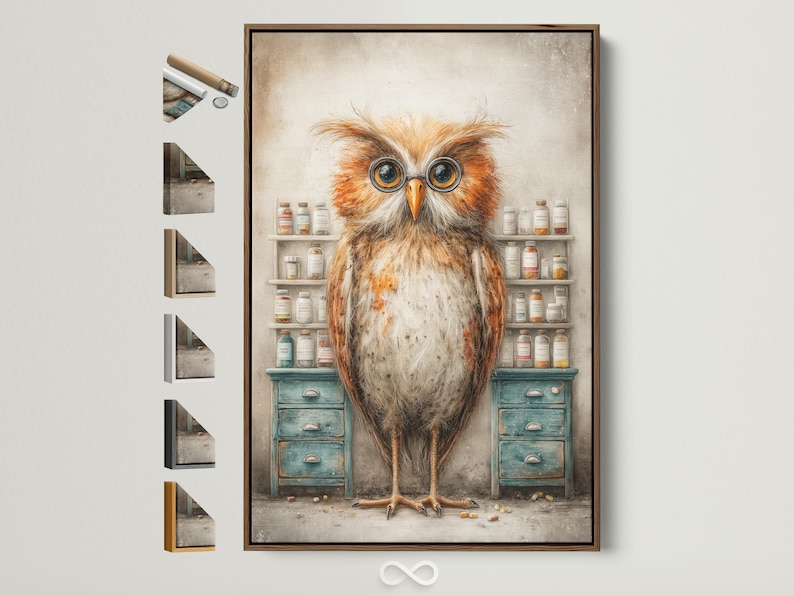 Bespectacled owl with round glasses in a vintage apothecary scene with shelves of jars and teal drawers