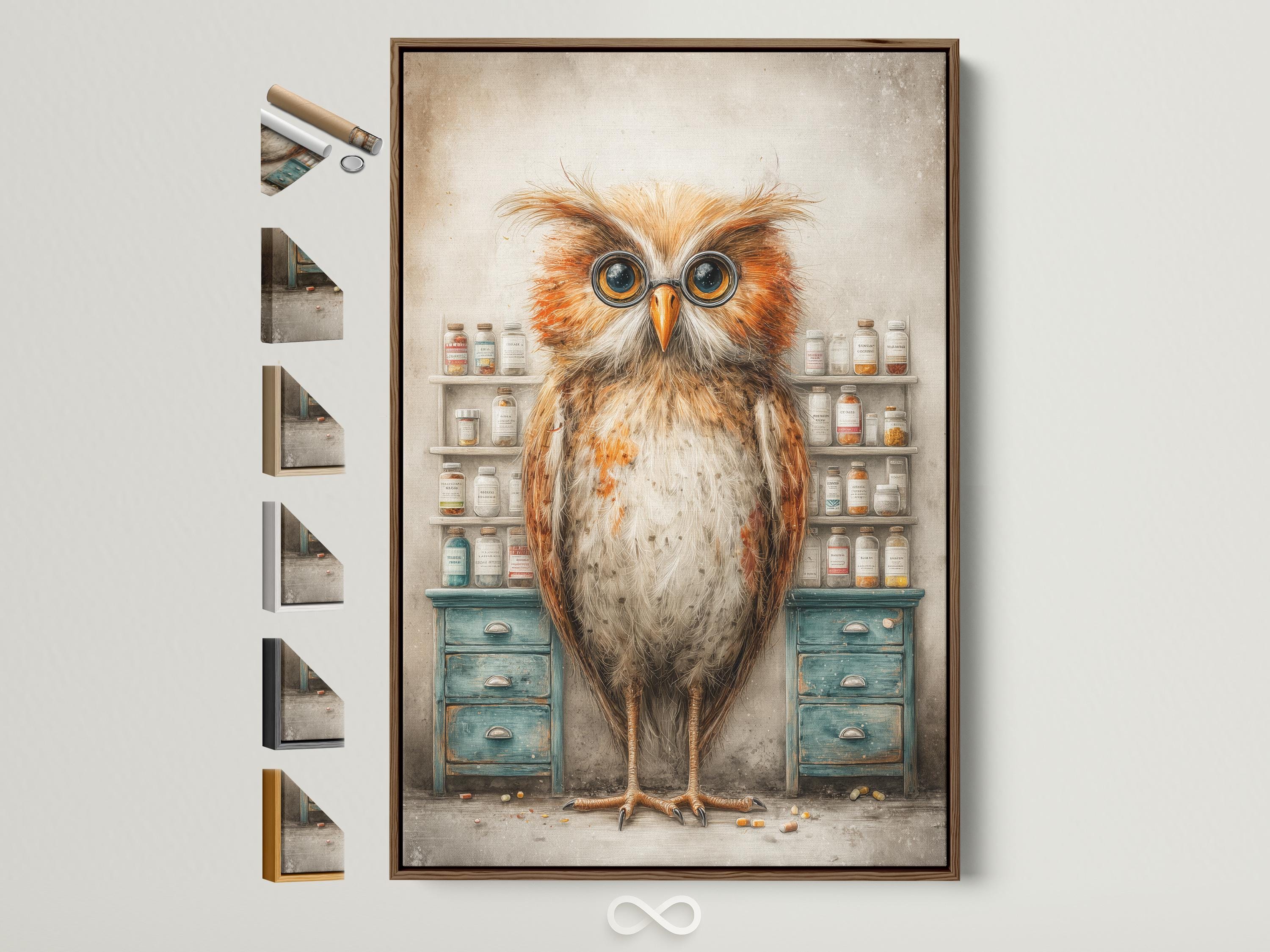 Bespectacled owl with round glasses in a vintage apothecary scene with shelves of jars and teal drawers