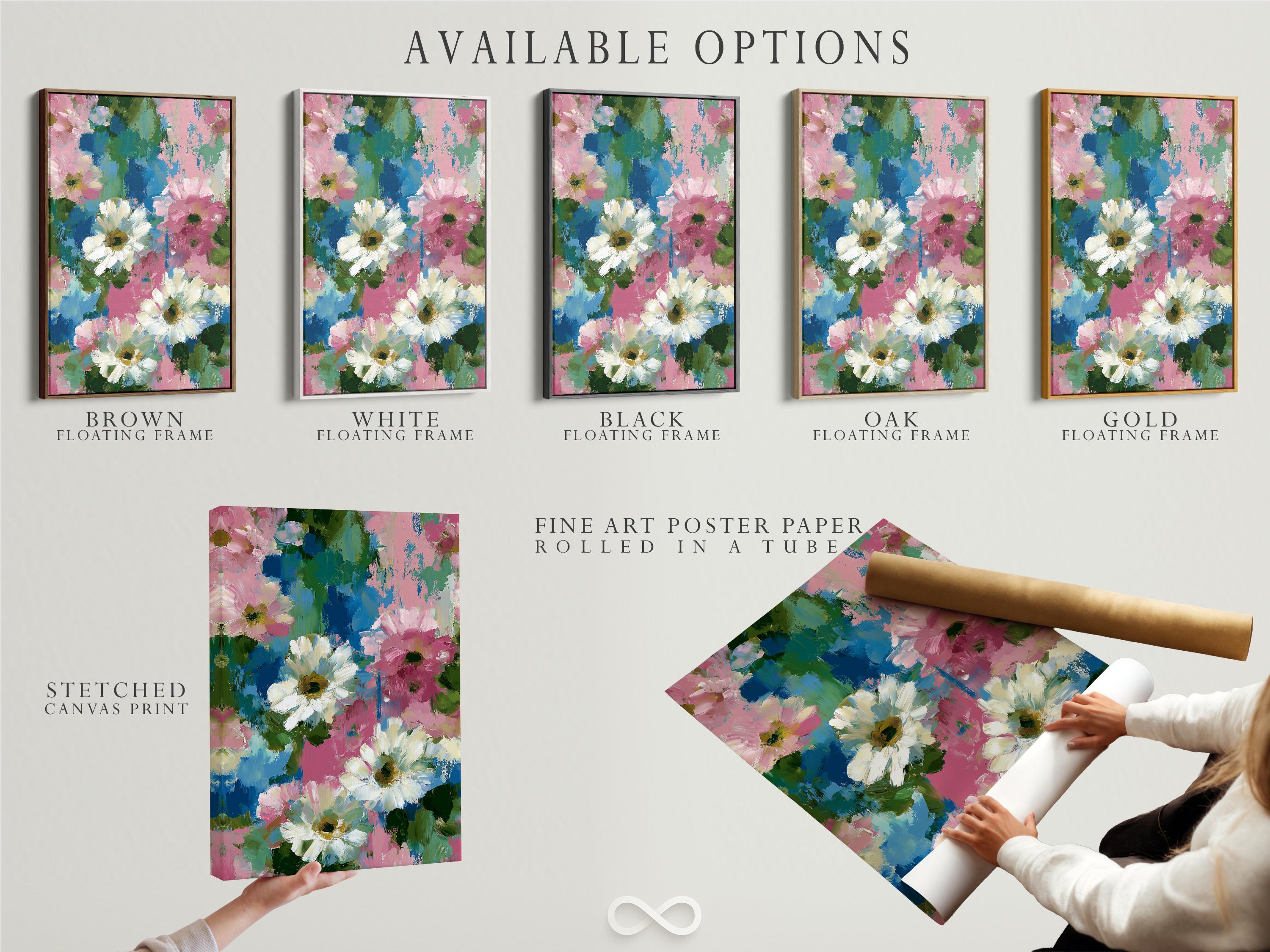 Room mockup showing a framed floral artwork with pink, white, teal and green brush textures