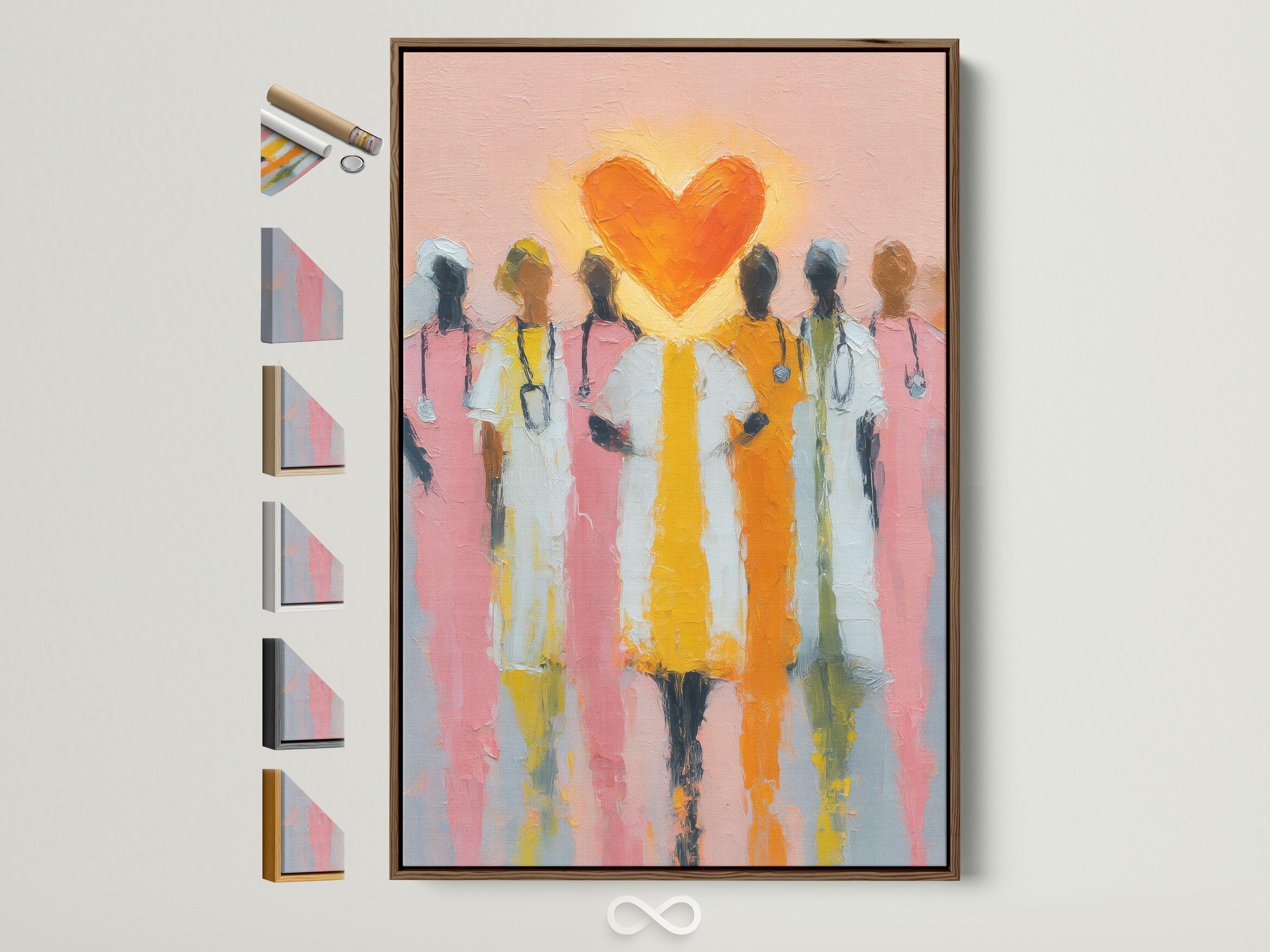 Orange heart above stylised healthcare worker figures on a pink painterly background detail view