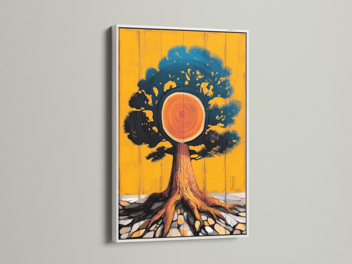Stylised tree trunk and concentric tree rings with teal wave-like canopy on a gold background detail view