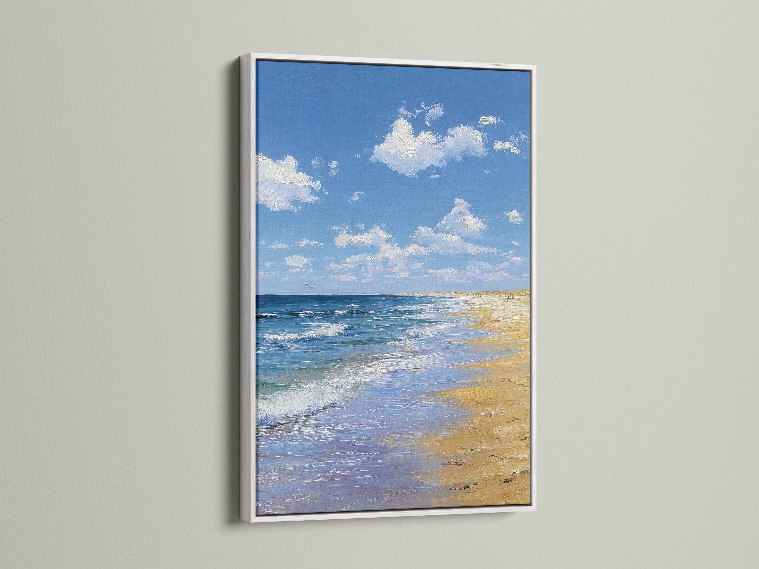 Room mockup showing a framed blue beach seascape artwork on a wall