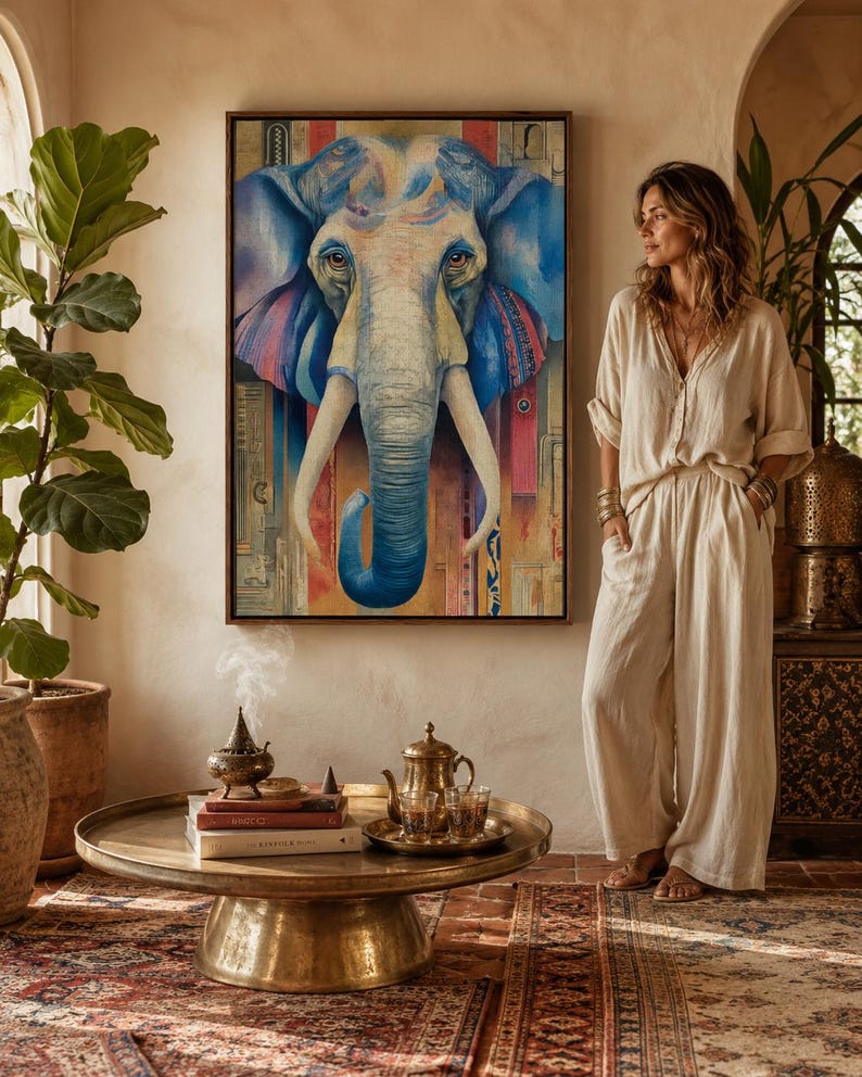 A stylised blue elephant portrait with patterned, map-like details sits centre-stage within a colourful, vintage-inspired background