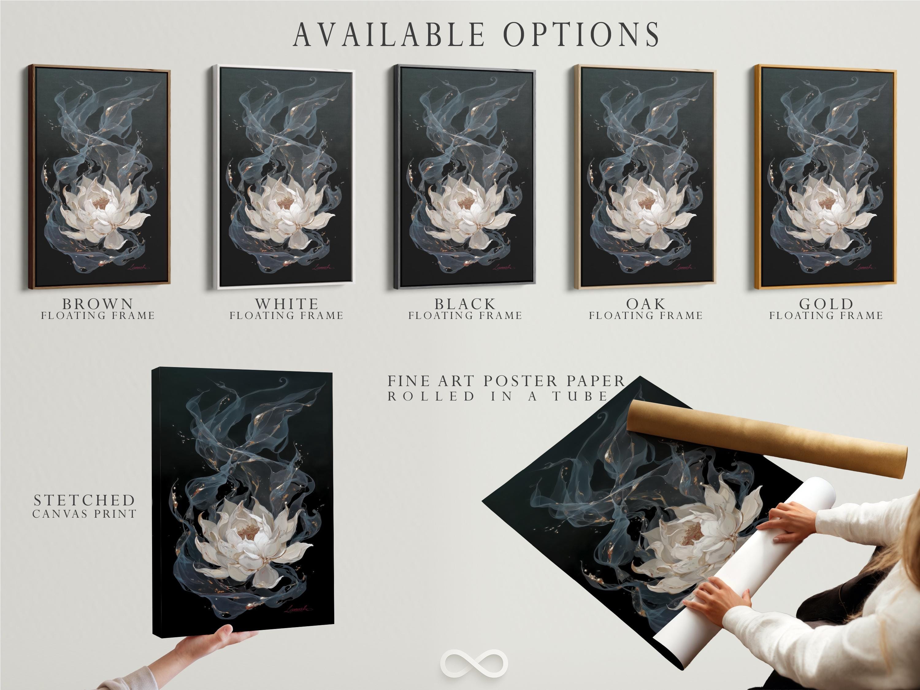 Painterly white lotus flower with swirling blue-grey petals and gold flecks on a dark background detail view