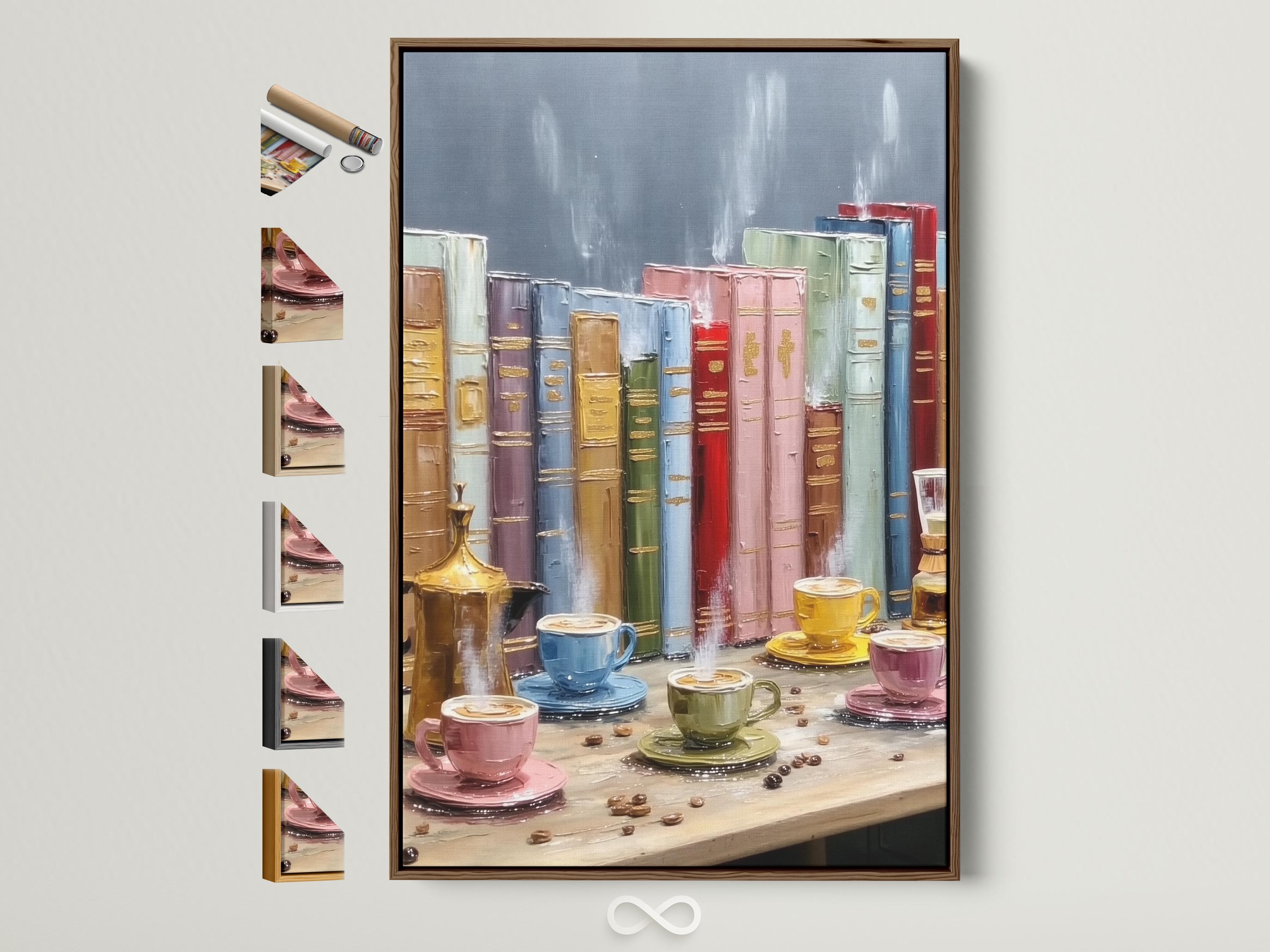 Painterly still life of stacked books and coffee cups with a teapot