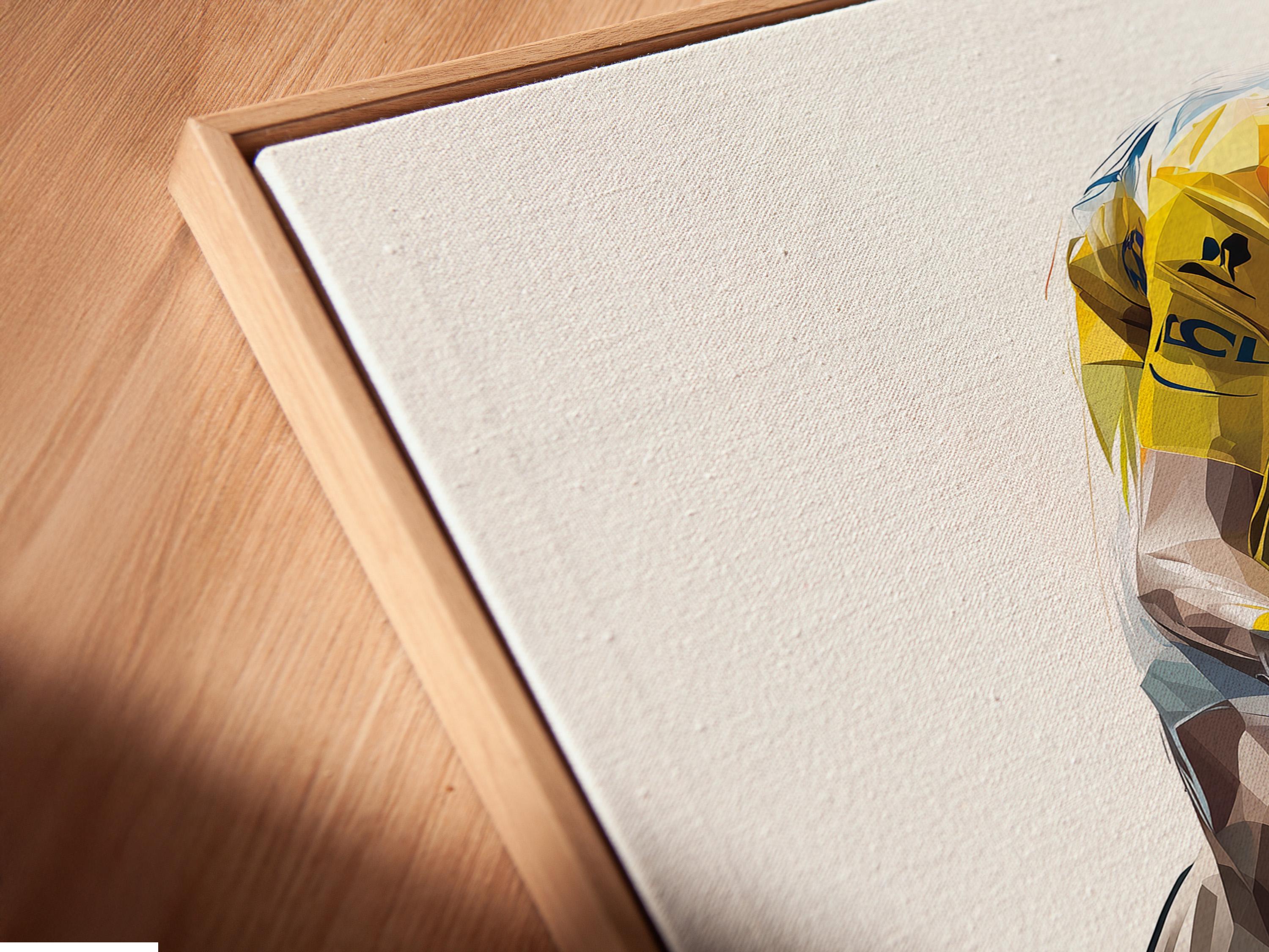 Wall mockup with a framed geometric cyclist artwork in yellow and black