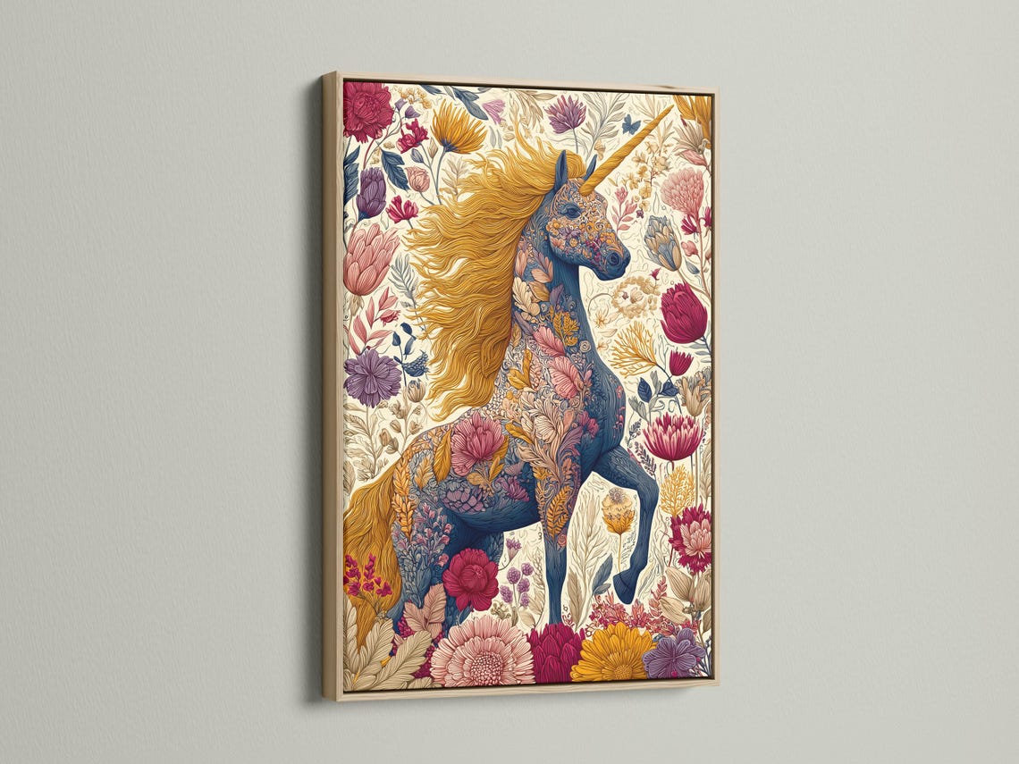 Illustrated unicorn with flowing golden mane among layered flowers and leaves on a pale cream background detail view