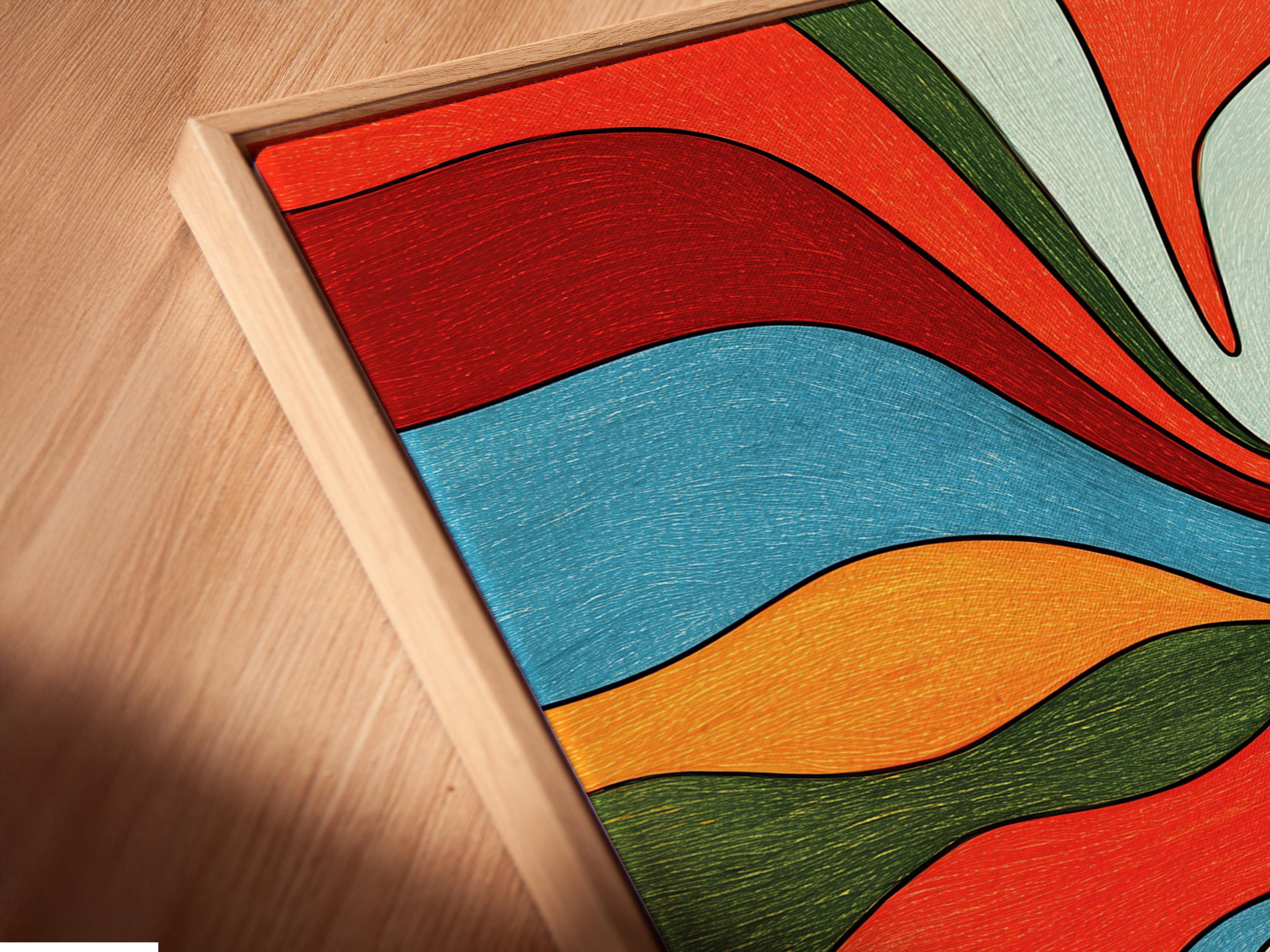 Room mockup featuring a framed abstract wave artwork in red, blue, green and orange