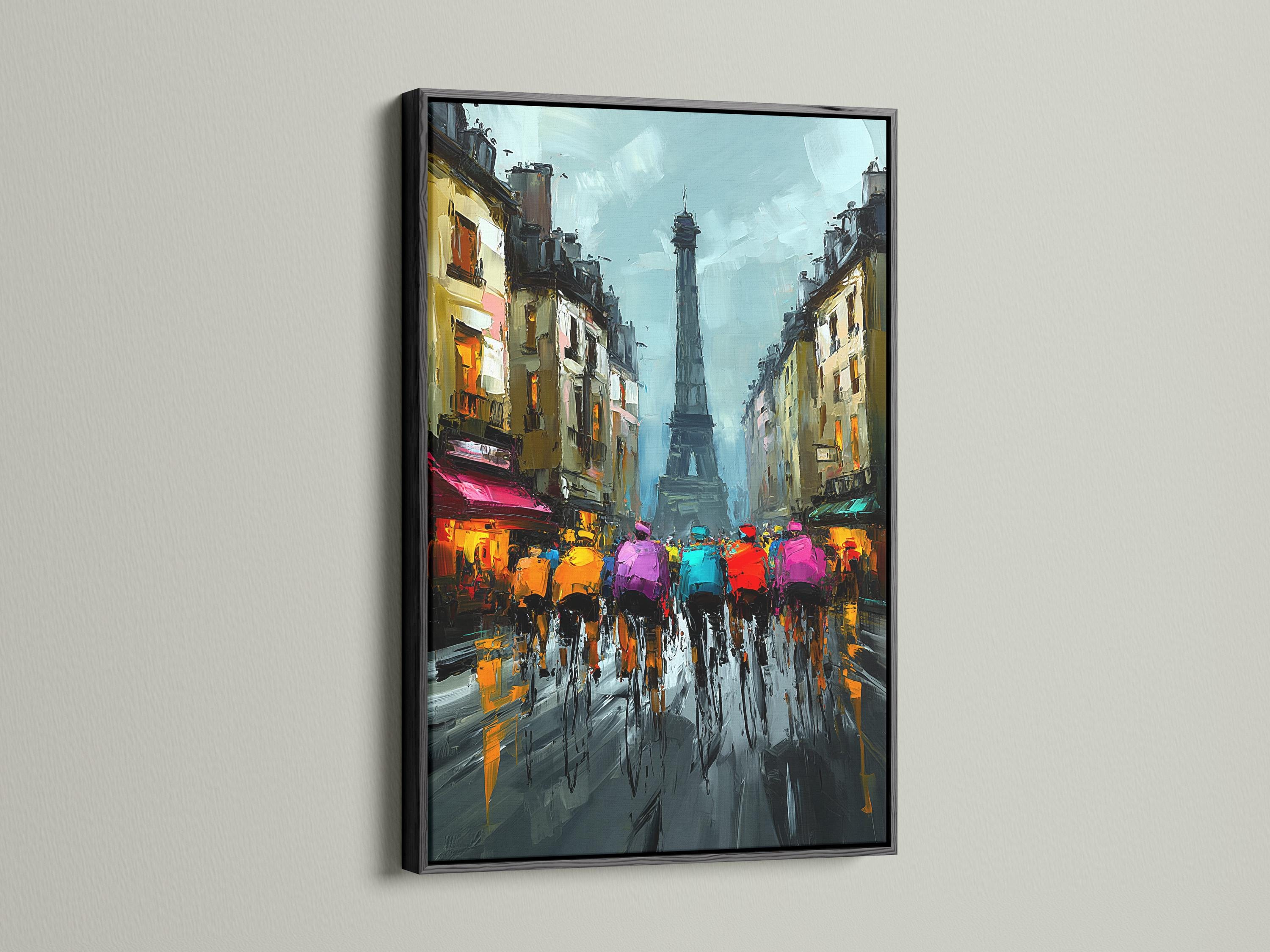 Wall mockup showing a framed Paris tower cityscape artwork with blue and pink colours