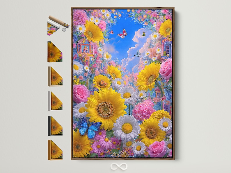 Floral garden scene with sunflowers, daisies, pink roses, blue butterflies and a blue clouded sky