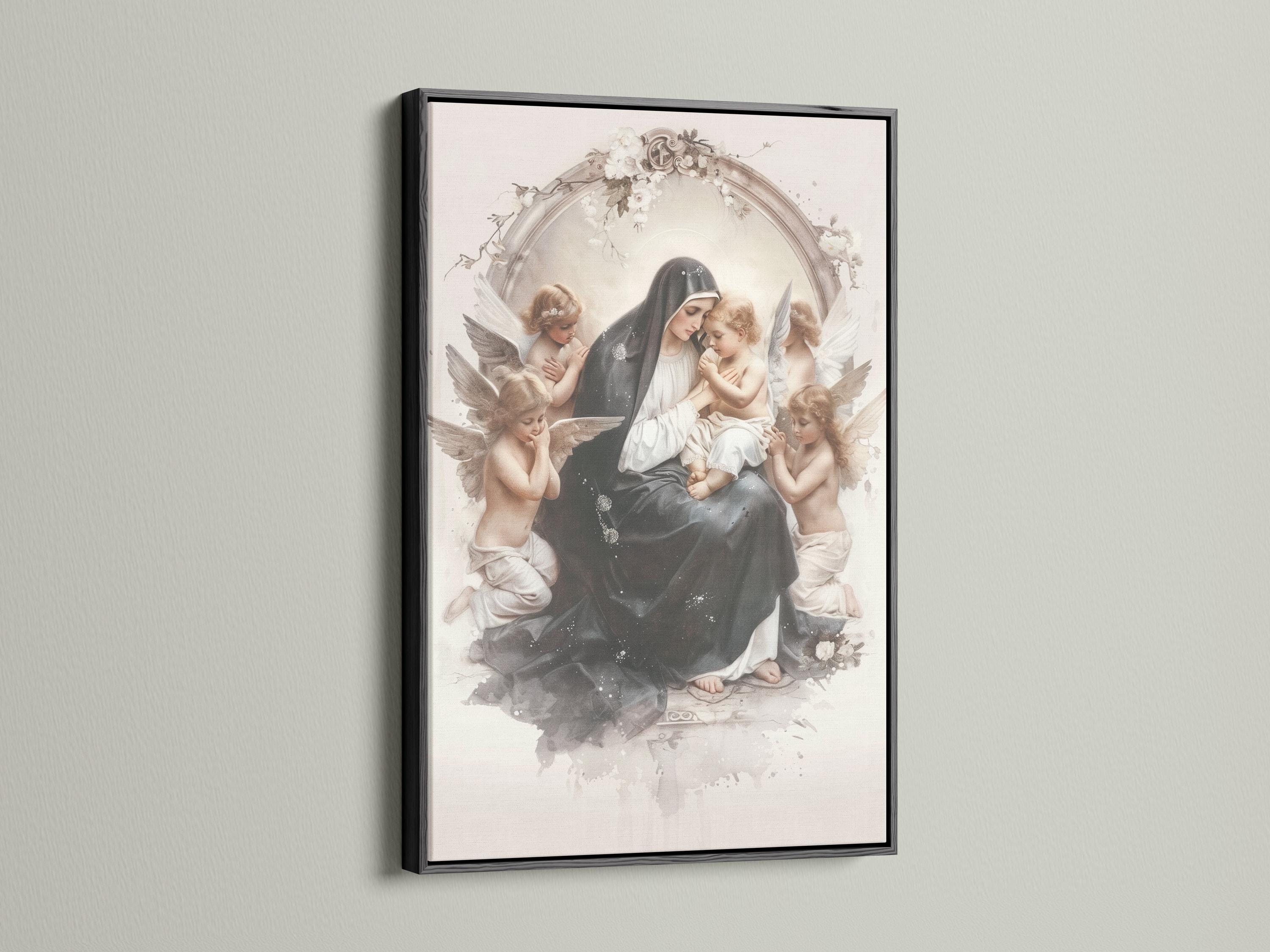 Madonna and Child religious artwork with winged cherubs and a floral arch in cream and grey tones detail view