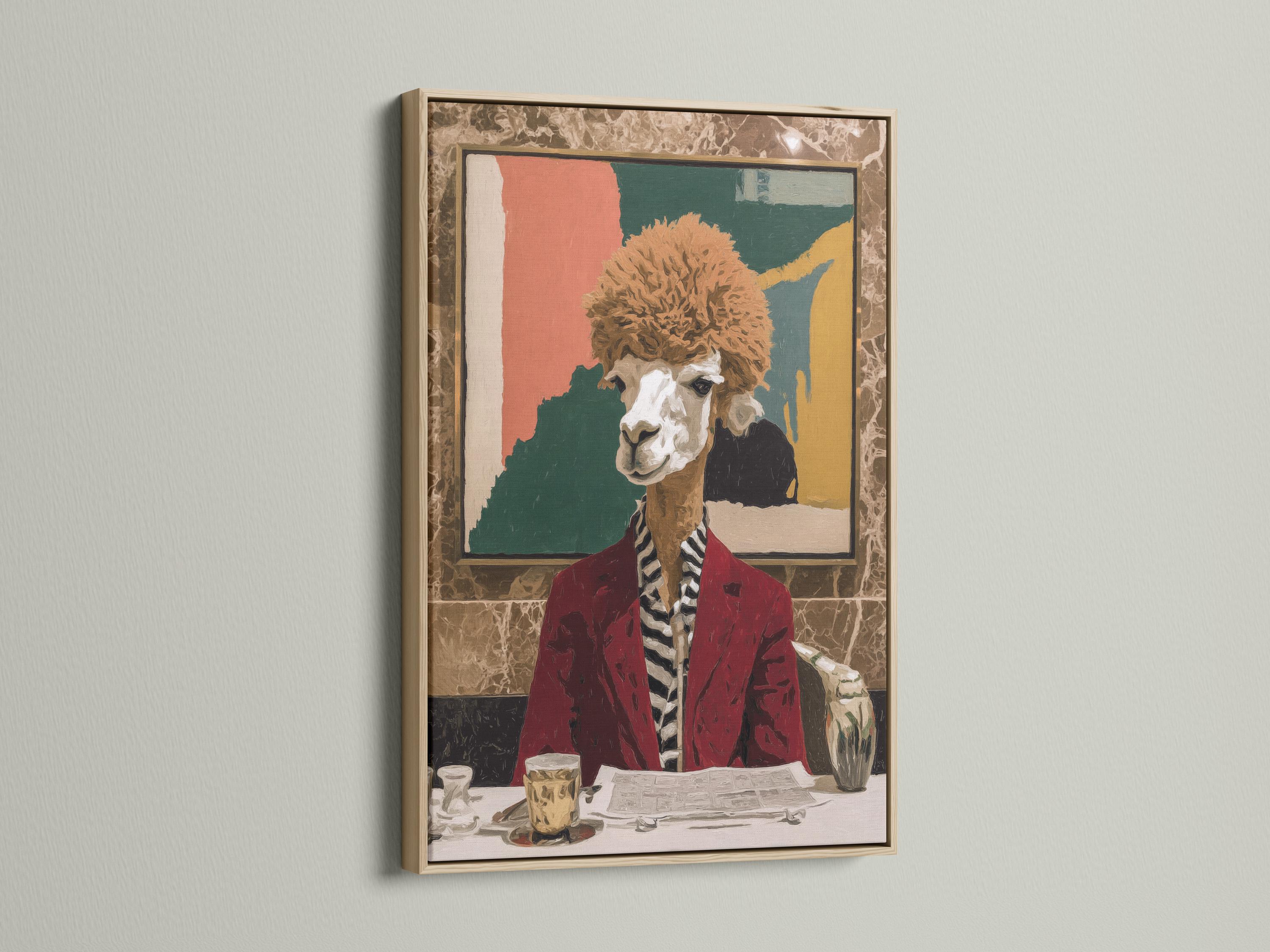A stylised llama portrait in a red suit is posed indoors, with bold block colours behind and a faux café-table still life in the foreground detail