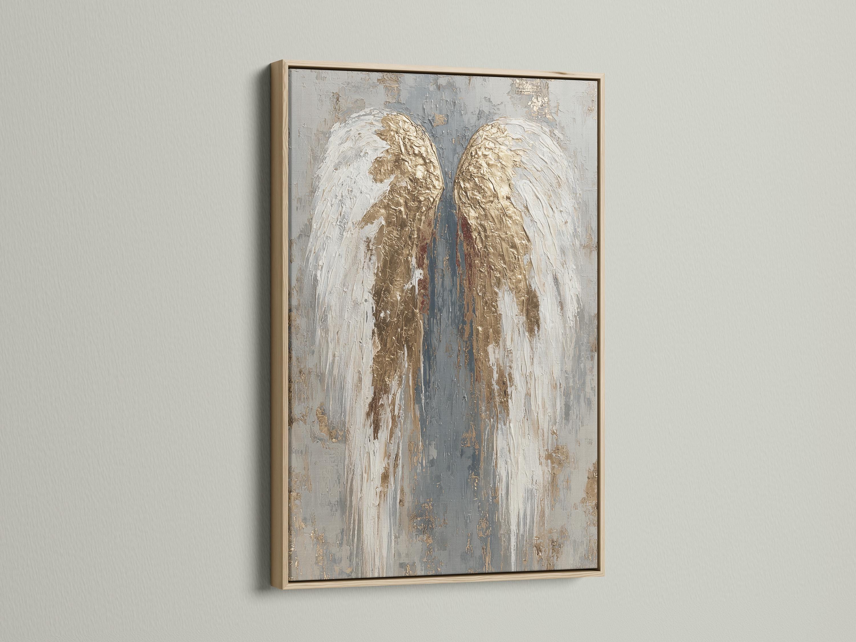An angel-wing motif is shown symmetrically in layered white, grey and gold leaf-like tones, set against a textured neutral background detail view