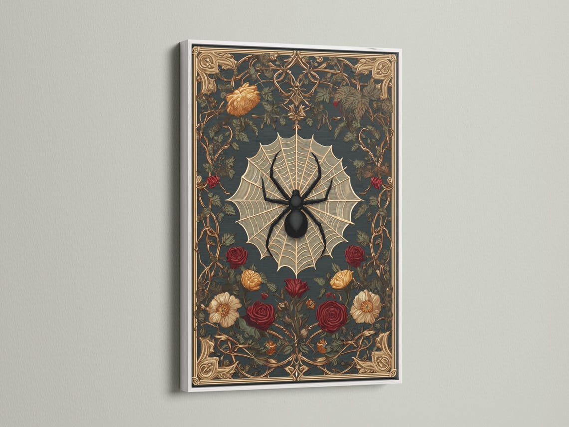 Gothic spider web and roses artwork shown in a mockup with hanging views