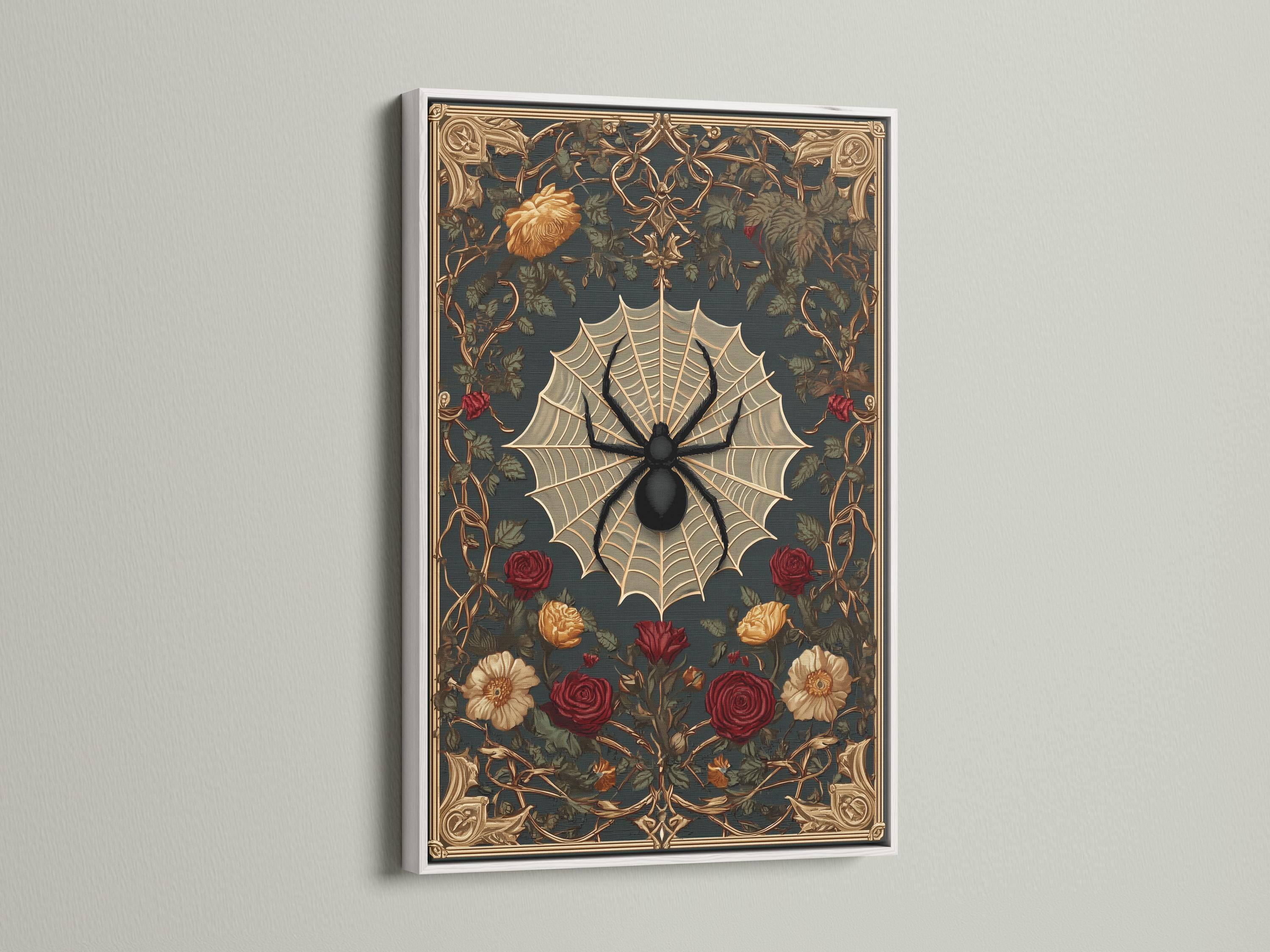 Gothic spider web and roses artwork shown in a mockup with hanging views