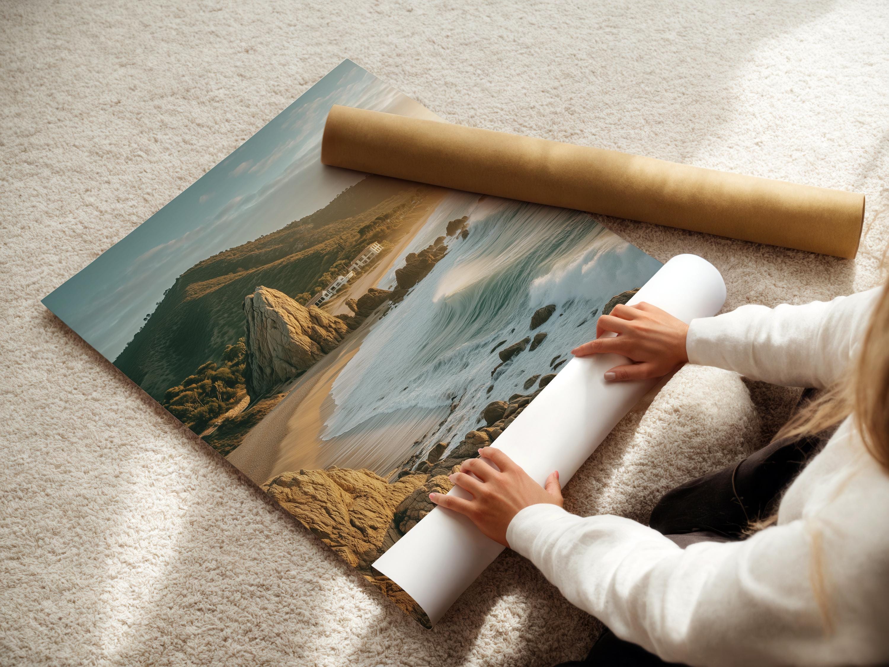 Golden hour seascape showing sandy shore, foamy waves, rocky cliffs and headland detail view