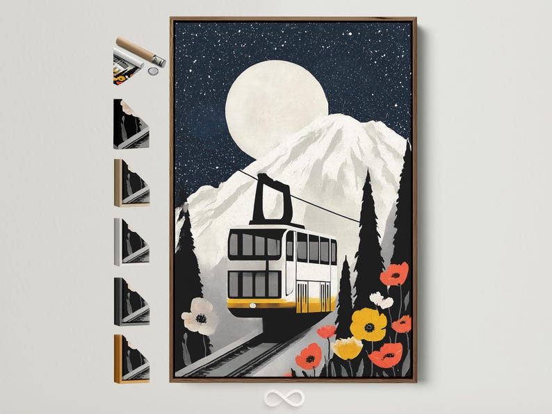 A stylised train cabin sits on mountain tracks beneath a large moon, with dark fir trees and bright red and yellow poppies