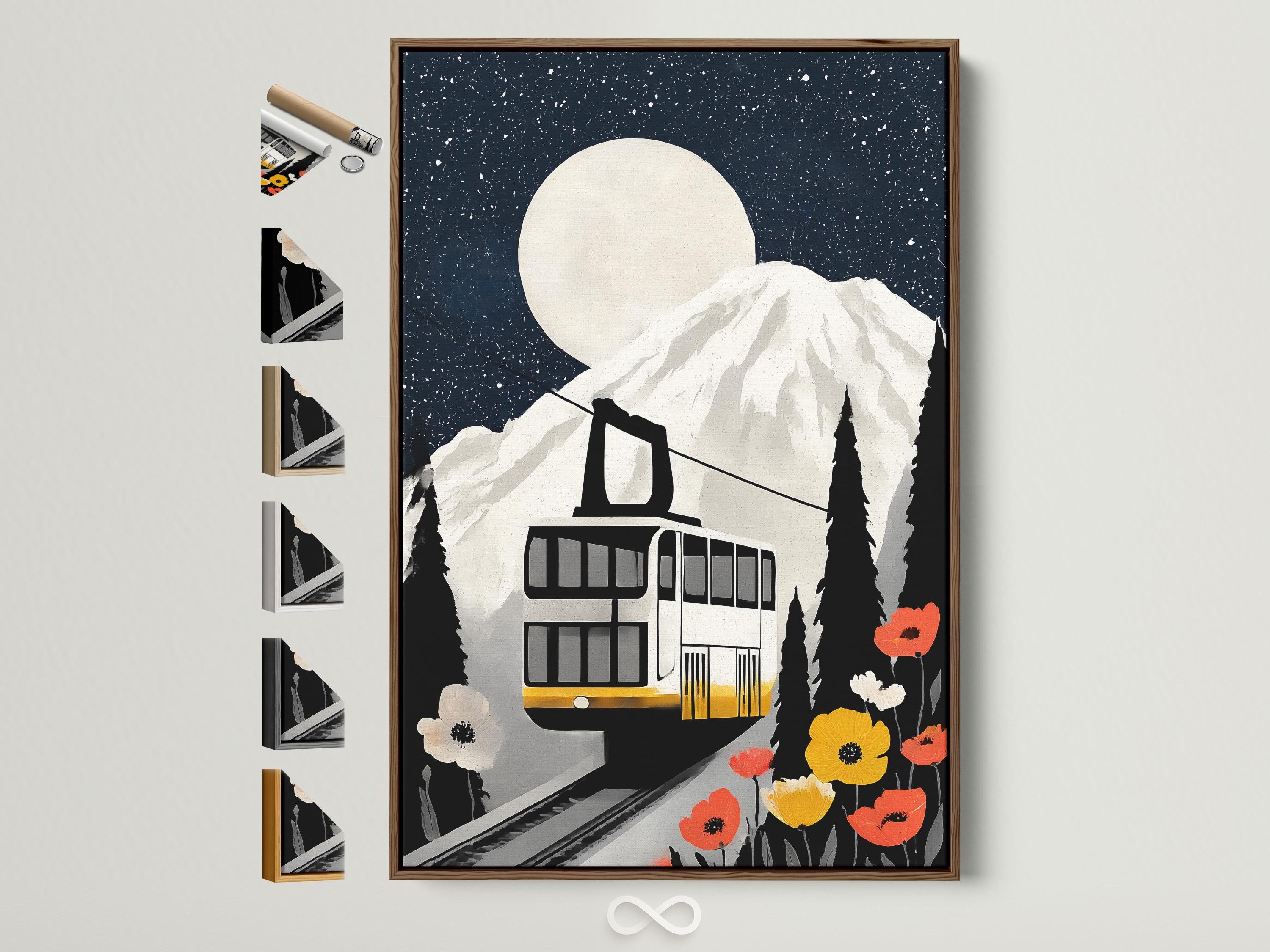 A stylised train cabin sits on mountain tracks beneath a large moon, with dark fir trees and bright red and yellow poppies