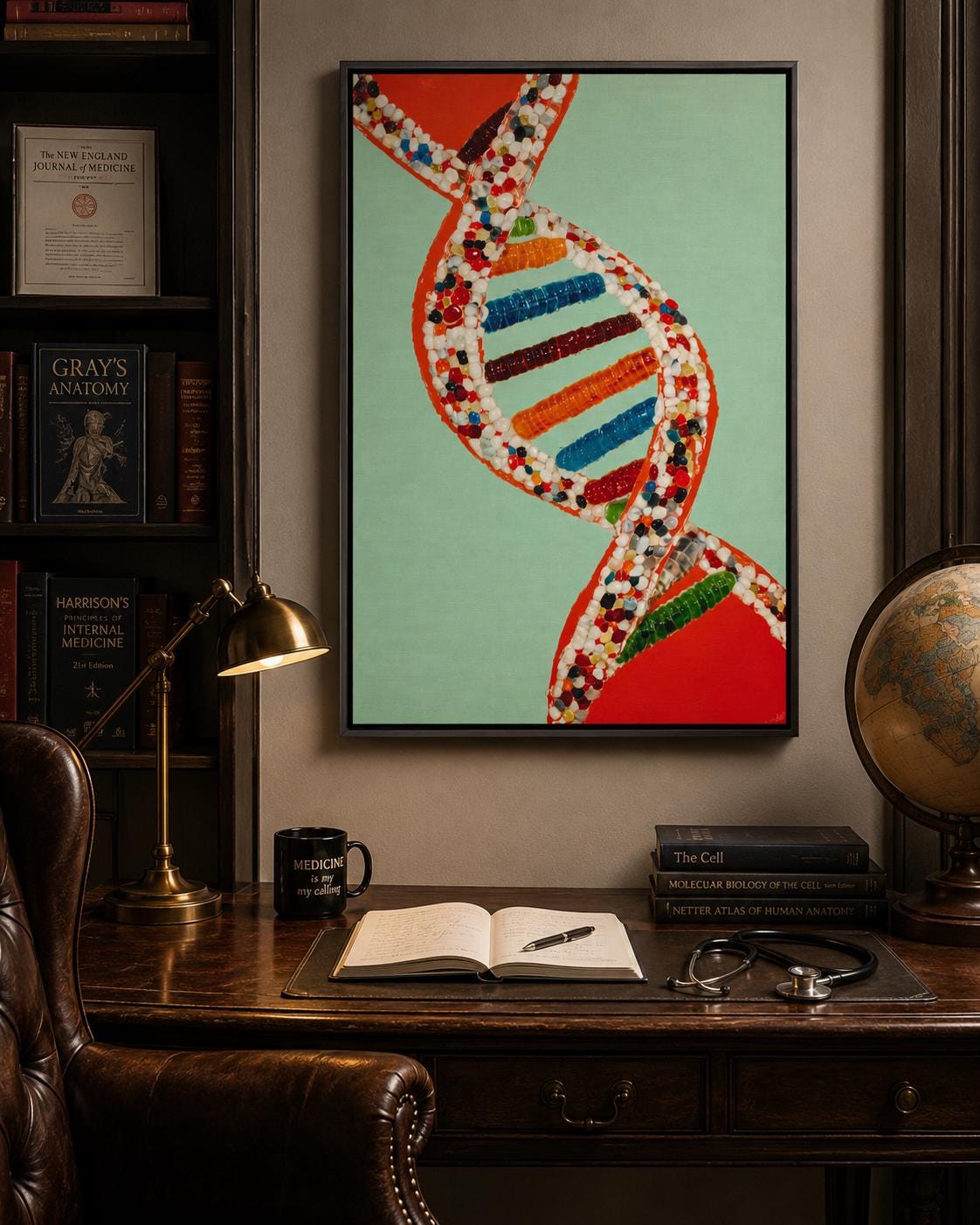 A researcher in a white lab coat stands next to a framed DNA double helix artwork