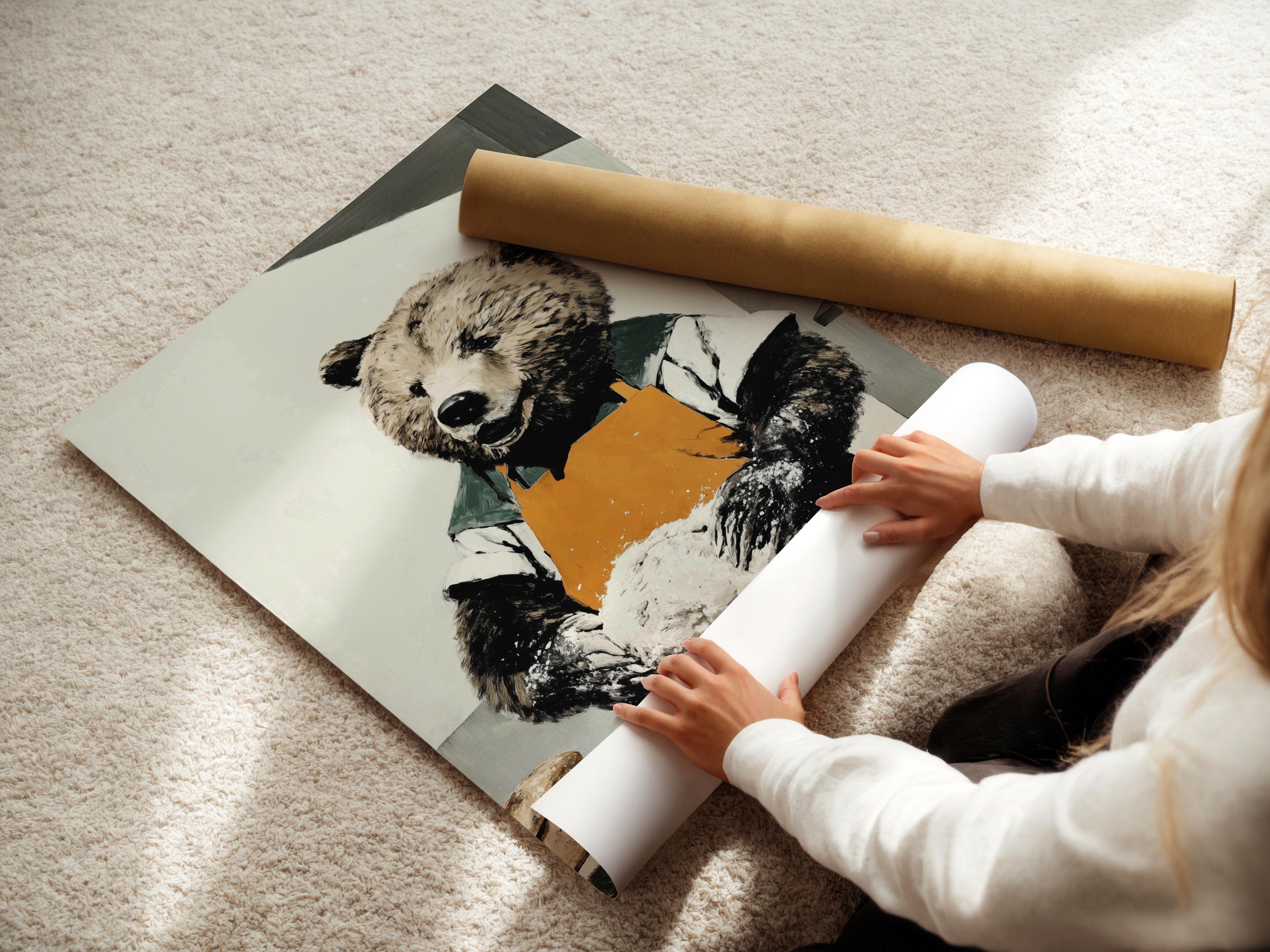 Bear baker artwork with an orange apron, green clothing, and dough on a table detail view