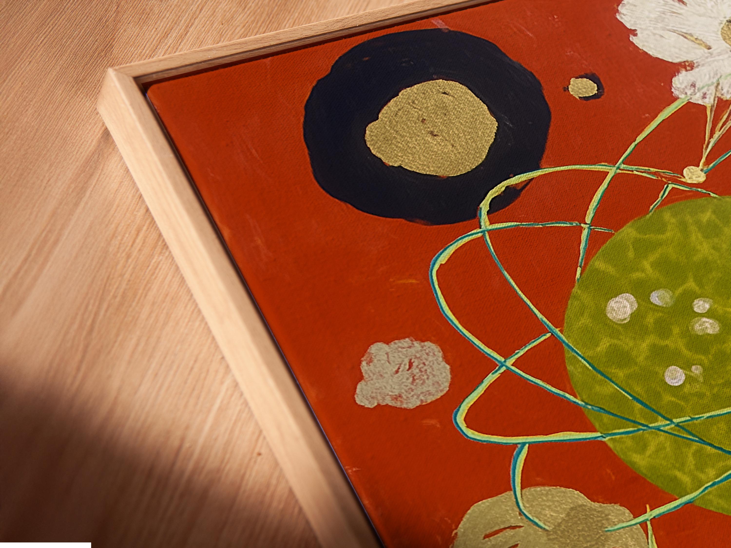 Burnt orange abstract artwork with a mottled green oval, turquoise looping lines, and a white flower with pink centre detail view