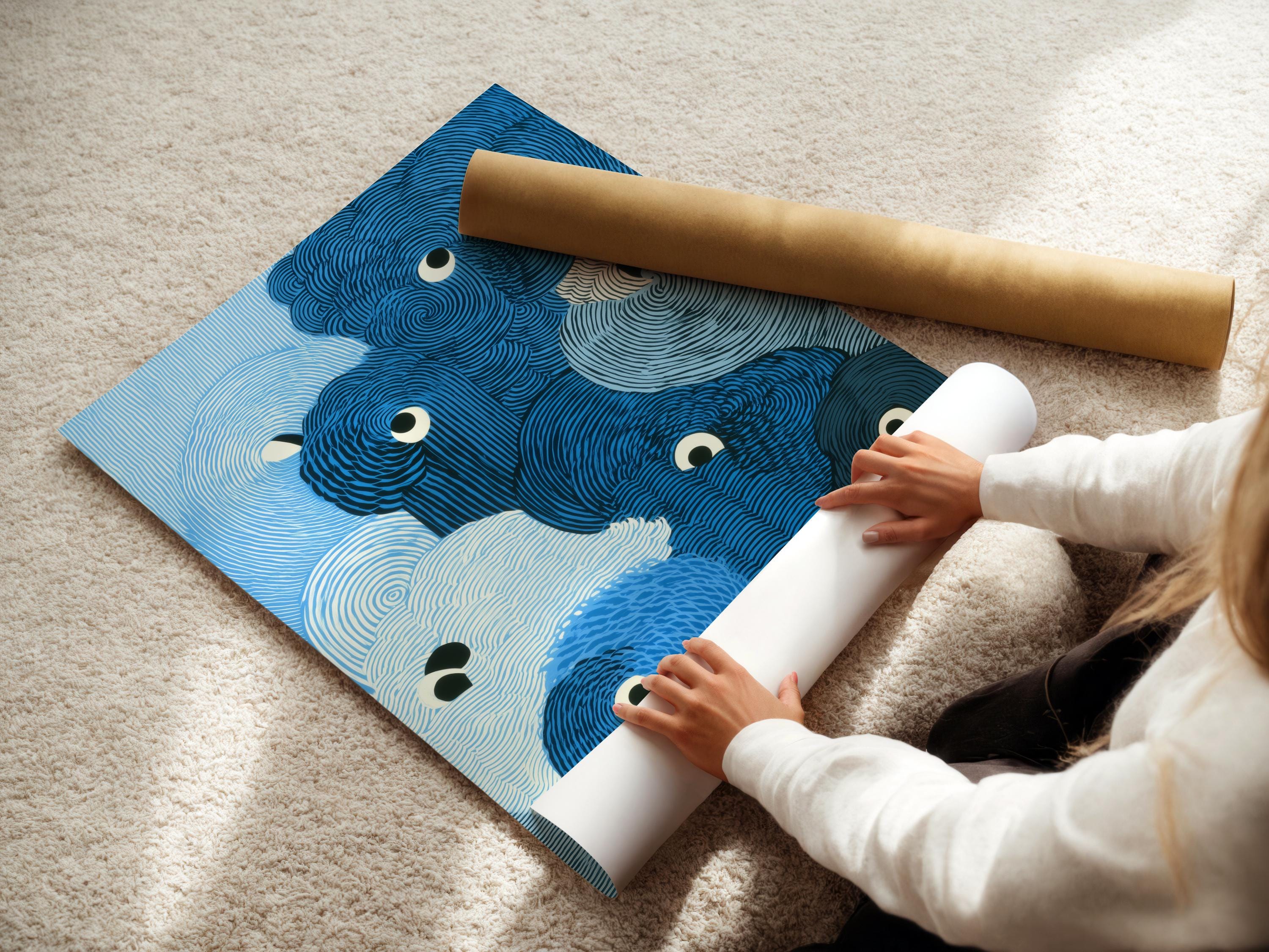 A blue animal portrait style artwork features overlapping rounded forms with spiralling contour lines and large cartoon eyes detail view