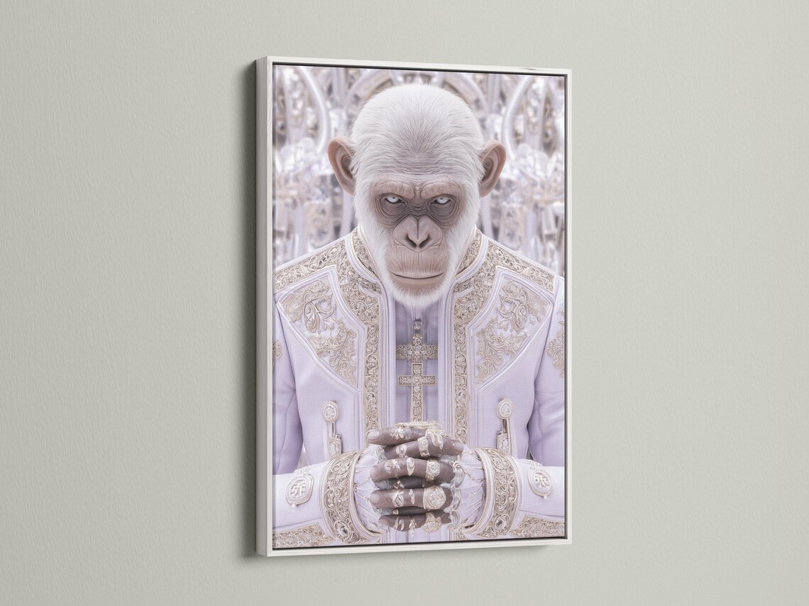 Surreal white monkey-like figure in ornate pale robes with cross motif in a soft lilac background detail view