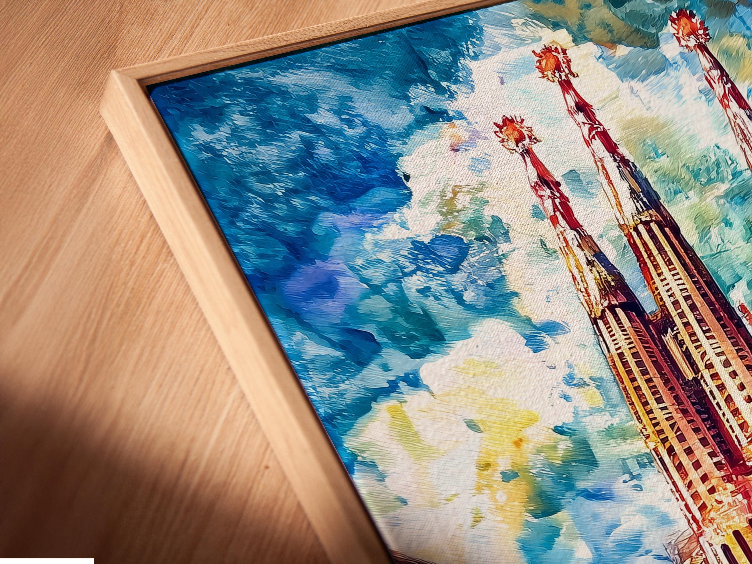Room mockup showing a framed cathedral spires artwork on a blue wall above a desk