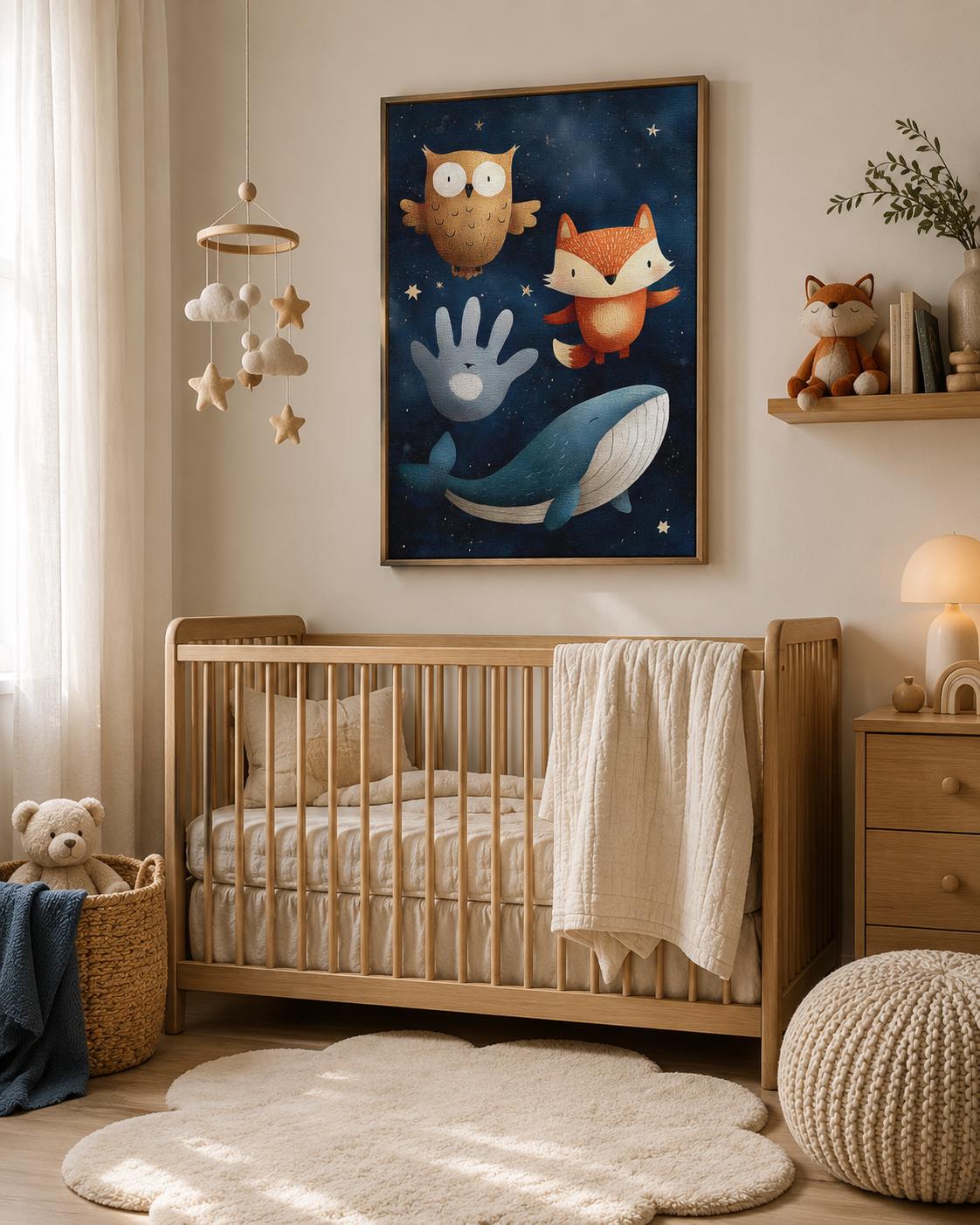 Illustrated whale, fox and owl in a navy starry-night scene with stars detail view